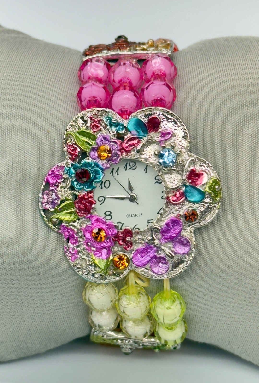 Women’s Stylish Flower Rhinestone Quartz Wristwatch Floral Bracelet Analog Beads