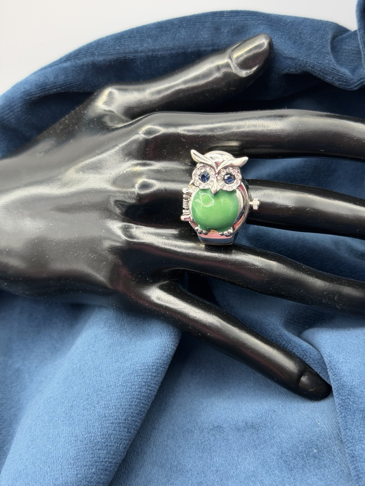 Strada Owl Ring Watch Adjustable Hidden Face Green Stone Rhinestones Silver Tone