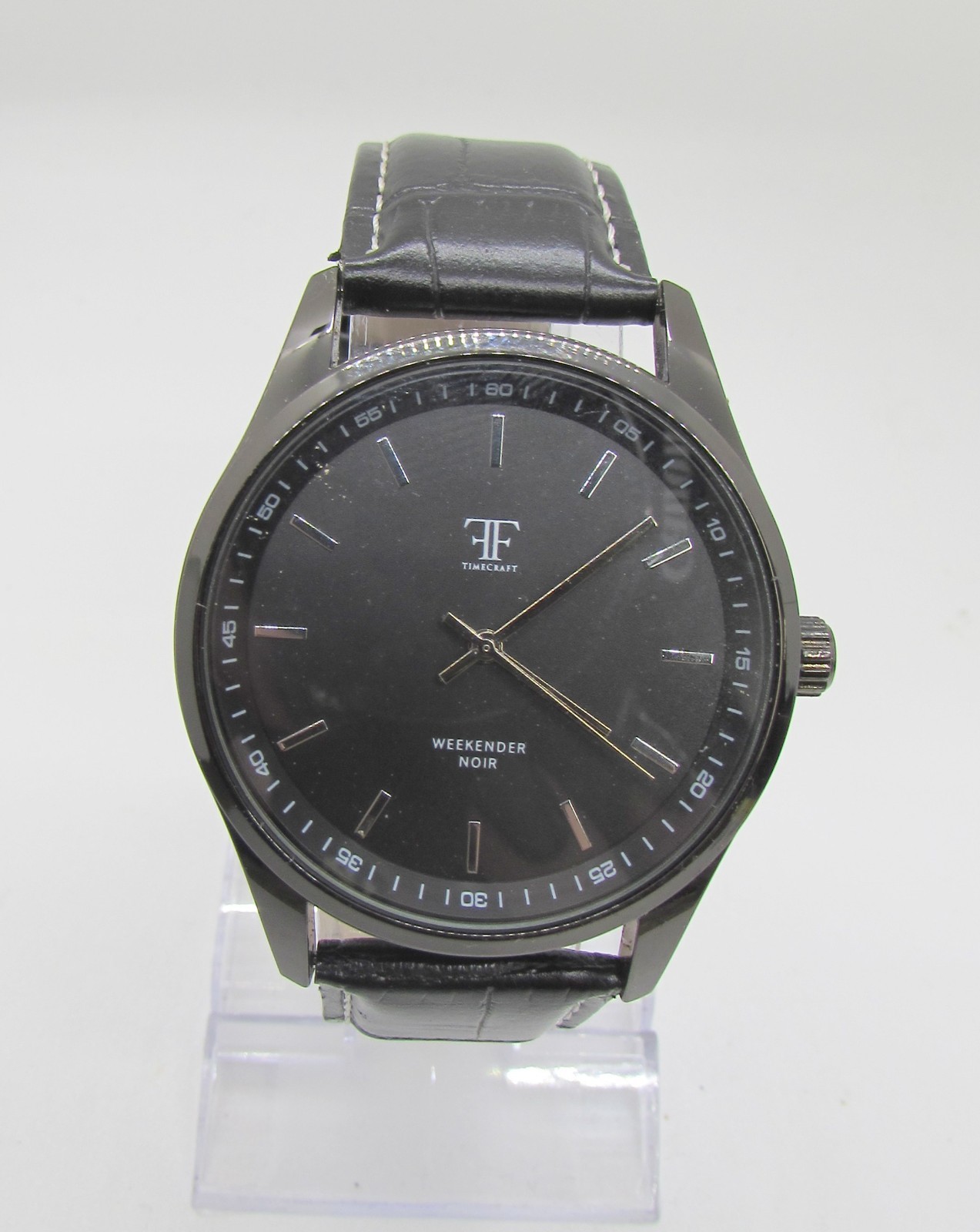 TimeCraft Weekender Noir Black Leather Band Quartz Analog 43mm Wrist Watch