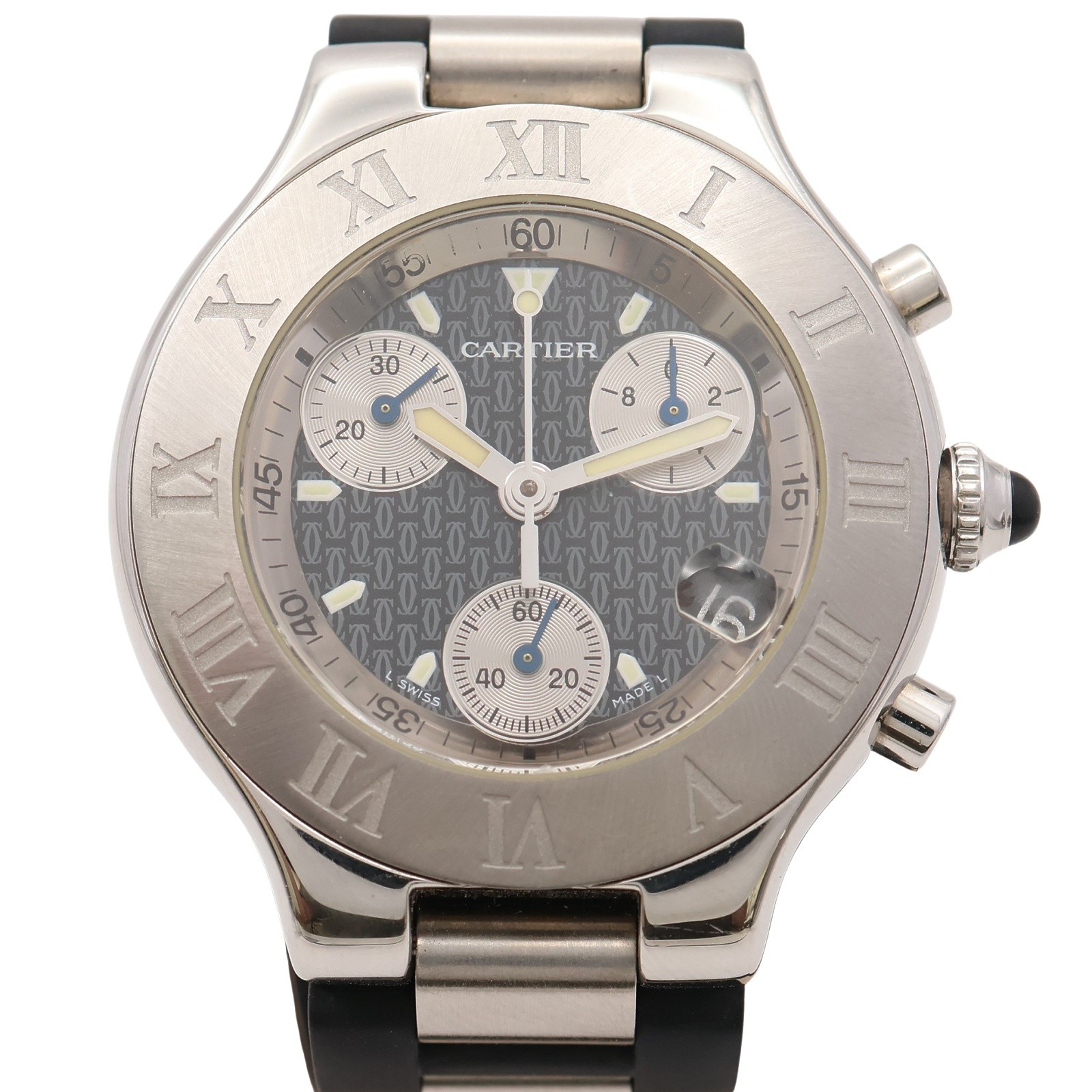 Cartier Must 21 Chronoscaph Watch W10125U2 Quartz Black Dial Steel Rubber