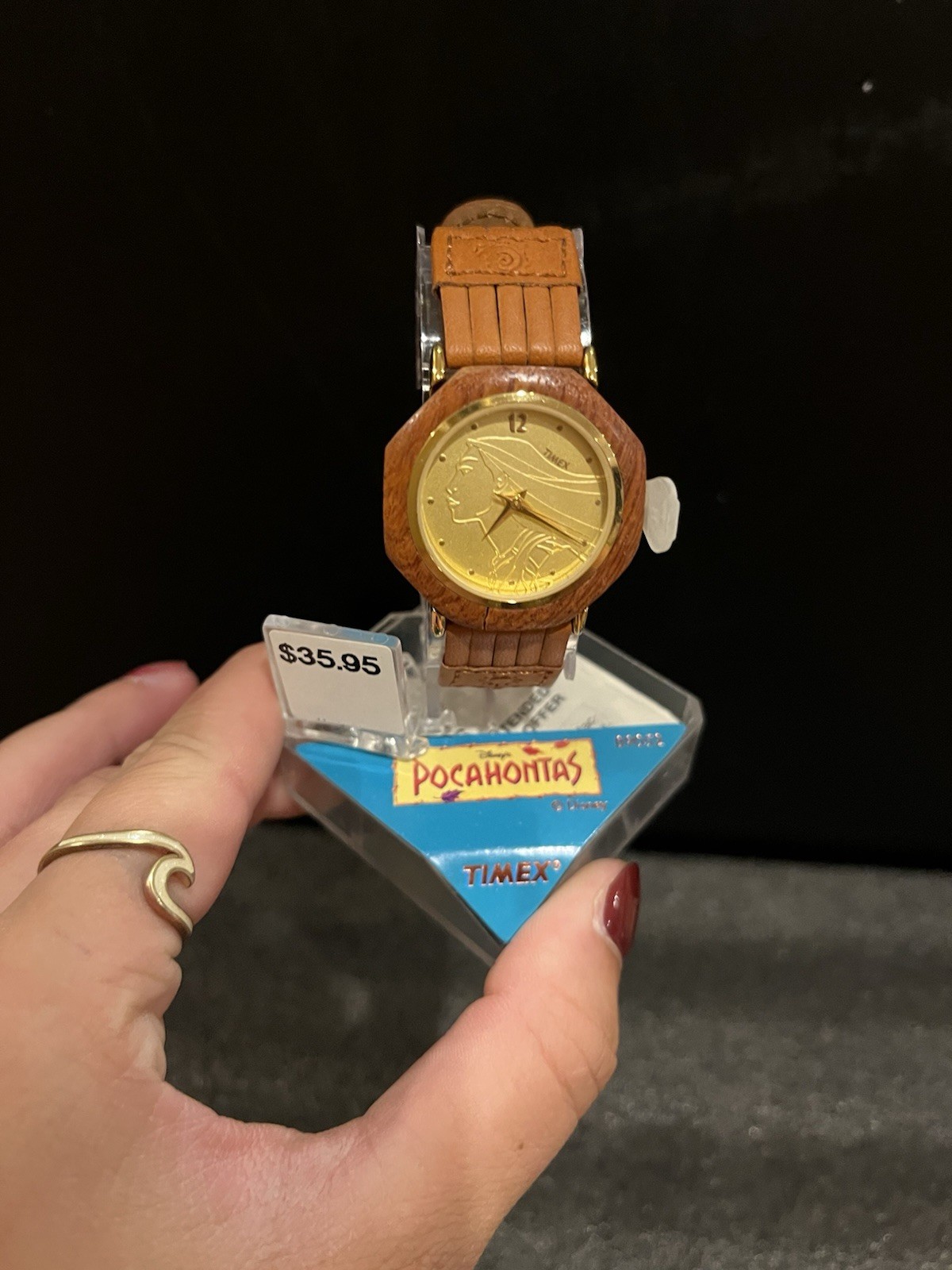 Timex Disney Pocahontas Women’s Quartz Analog Wood Case Brown Leather Strap Box
