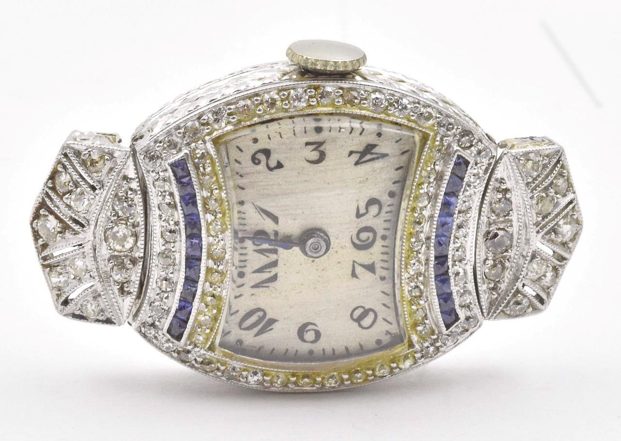 Antique PLATINUM Old Cut Diamond & French Cut Blue Sapphires Deco ladies Watch