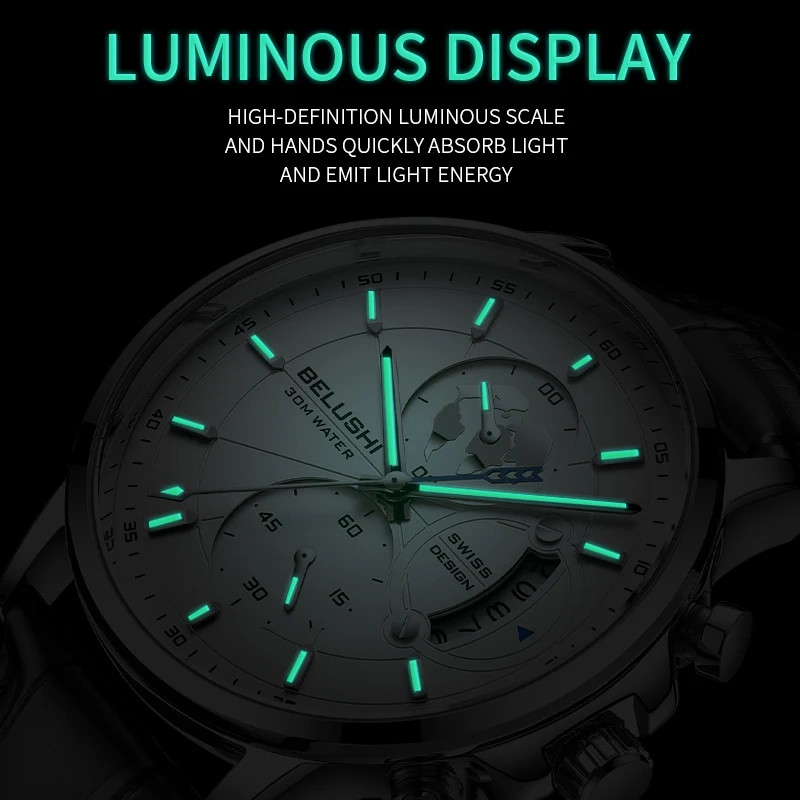 Waterproof Chronograph Quartz Leather Strap Leather Men’s Watches B-576