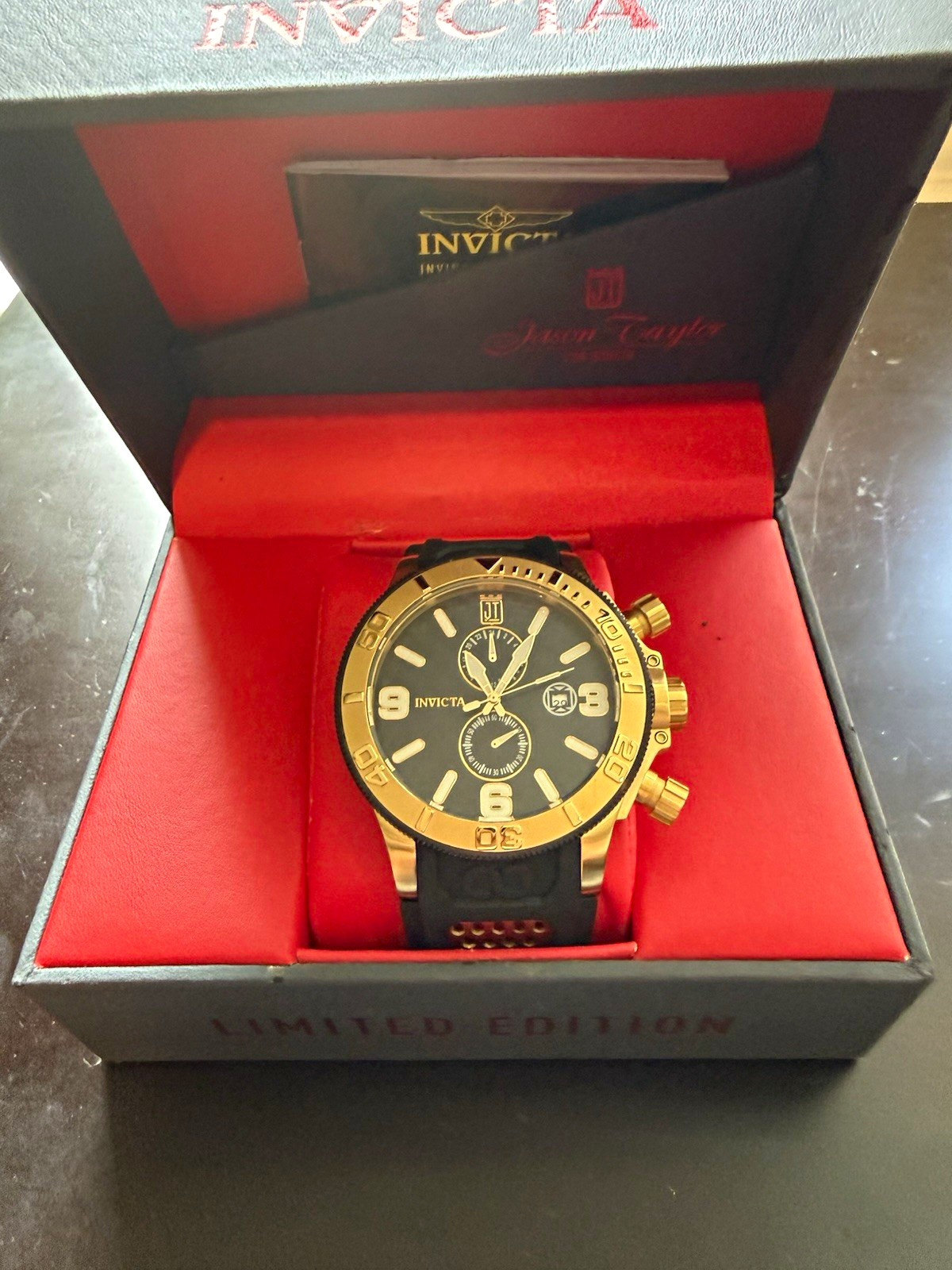 Invicta Jason Taylor Men’s Chronograph Quartz 50mm Black Dial Gold Case