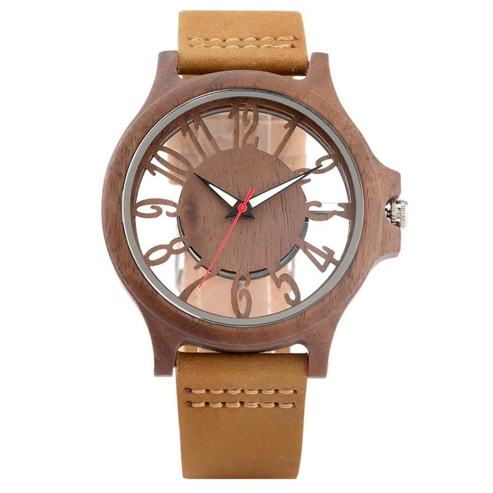 Handmade Men’s Bamboo Watch Sandalwood Quartz Wristwatch for Man Leather Strap