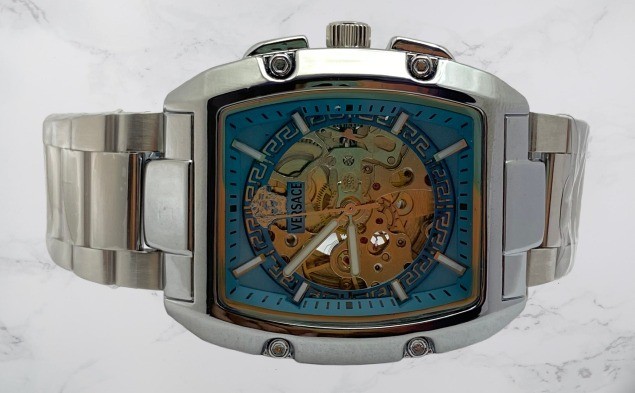 Refurbished Rare Versace Dominus Skeleton Sky-Blue Dial Automatic Working Watch