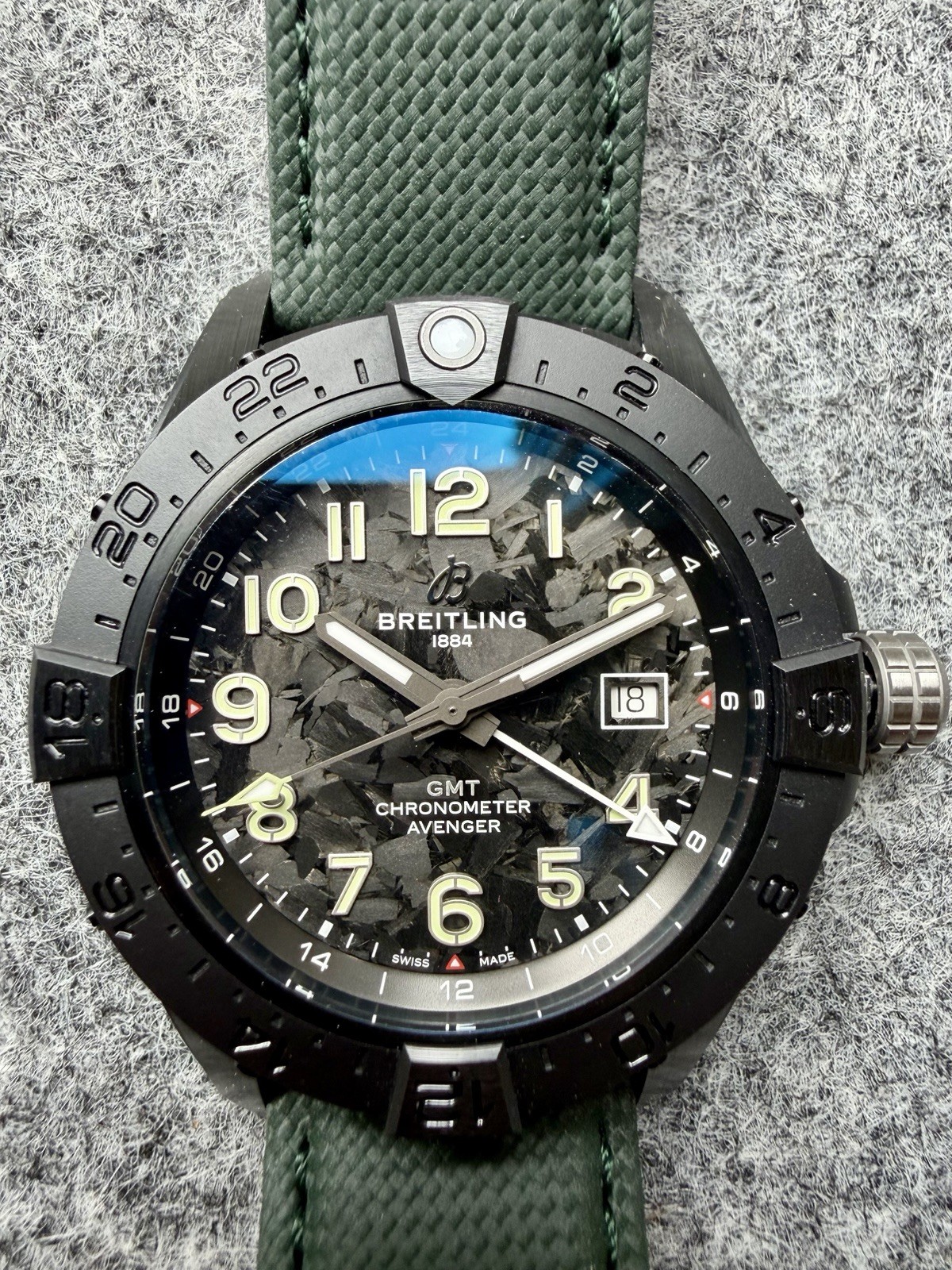 Breitling Avenger Automatic GMT 44mm Black Dial Green Leather Strap 300m