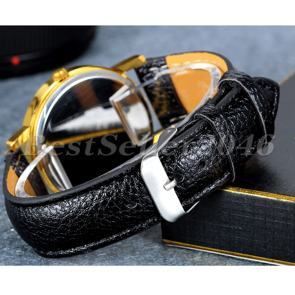 Classic Round Dial PU Leather Band Quartz Analog Wrist Watch Mens Womens Watch