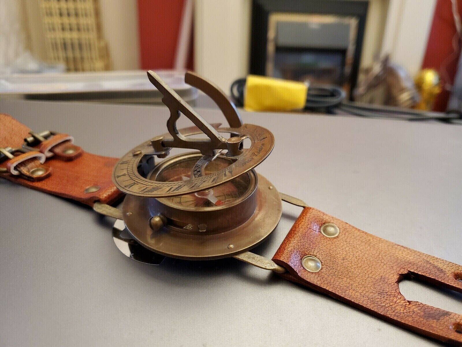 Sun Dial Leather Watch Brass Compass Leather Old Gold Lustre Unusual UK