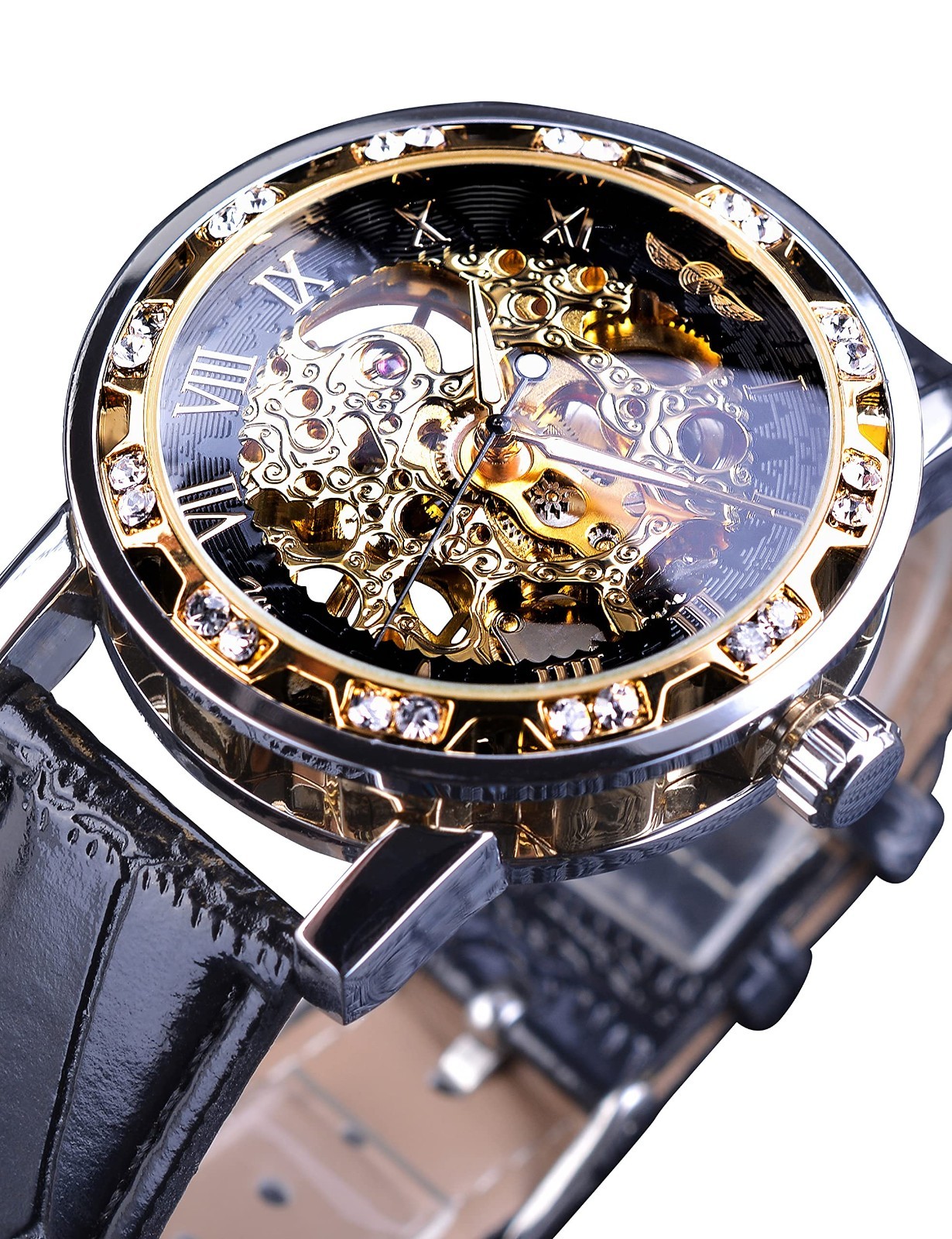 Retro Mechanical Skeleton Watch for Men, Diamond & Carved Flower Design, Classic