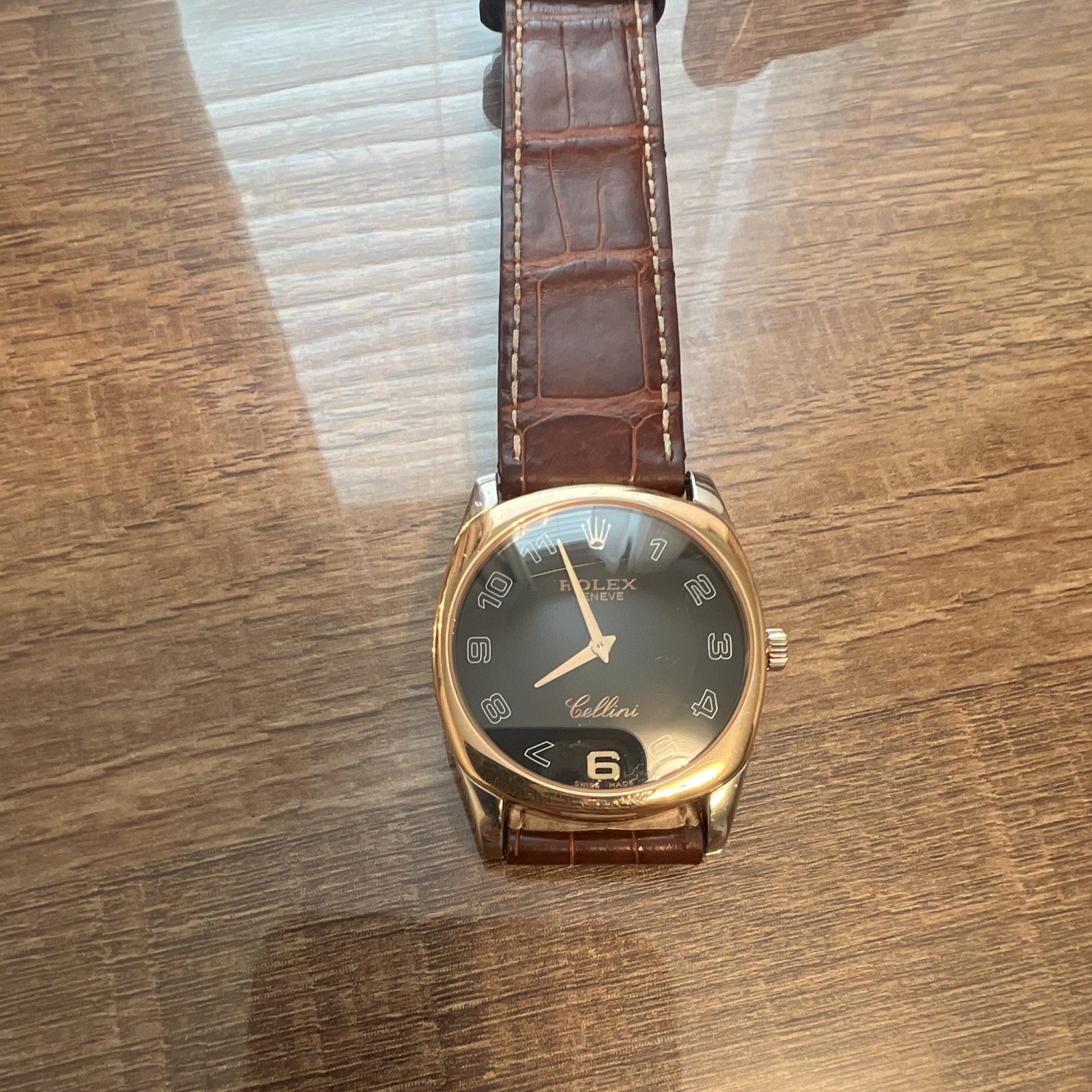 Rolex Cellini Men’s Quartz Dress Watch 33mm 18kGold Case Black Dial Brown Strap