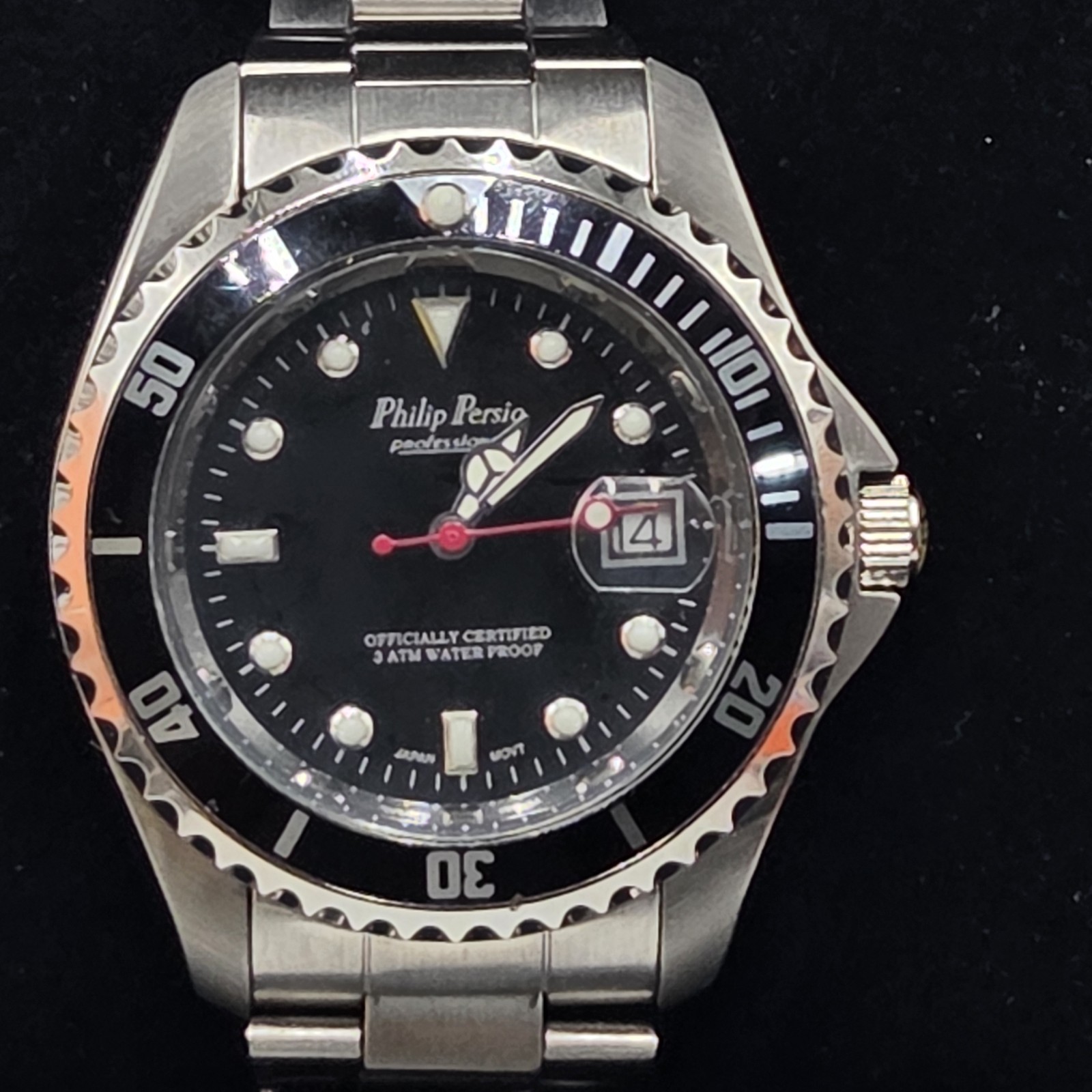 Philip Persio Day Quartz Watch Black Dial & Bezel S.Steel Bracelet Japan Mov New