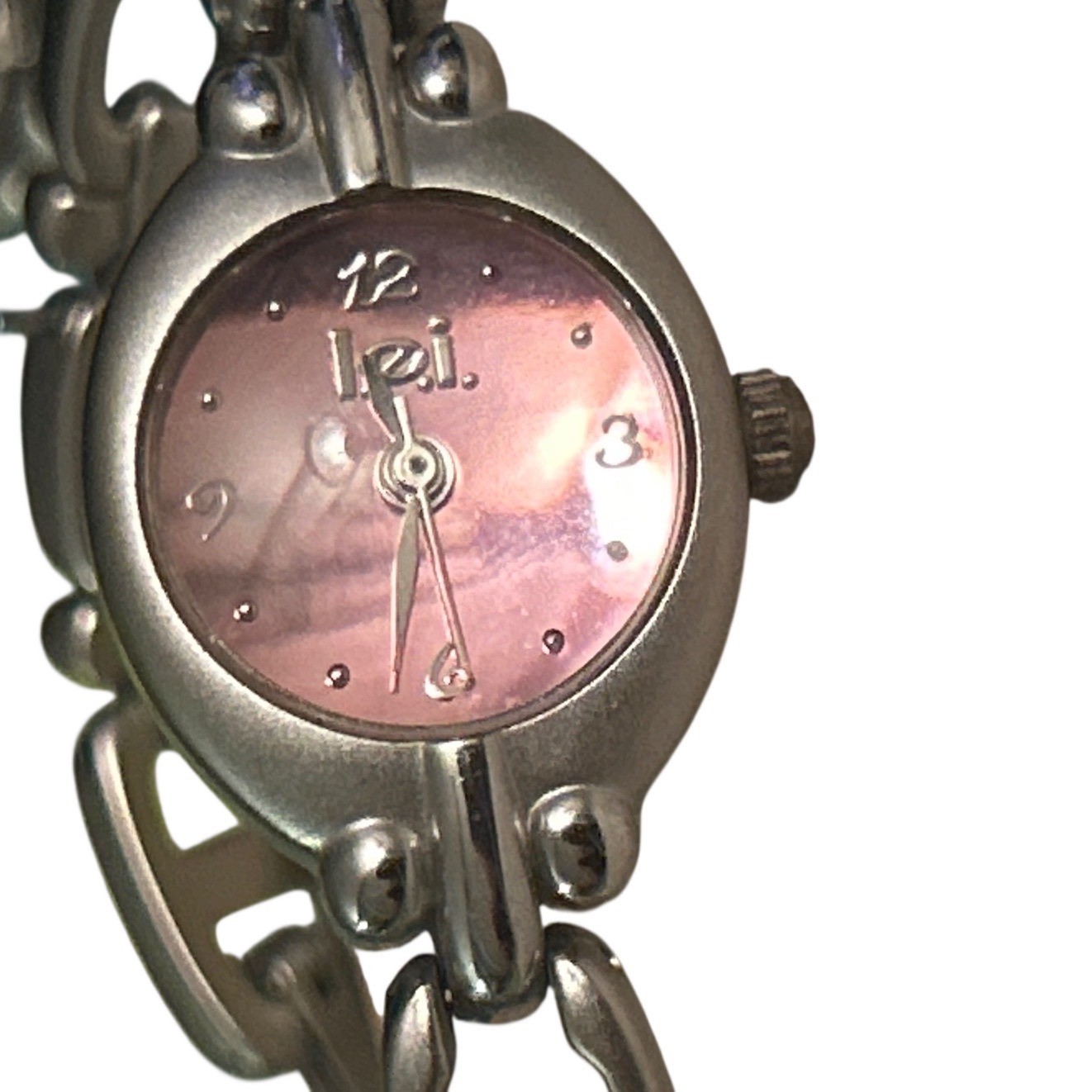 Lei Womens Vintage Silver Tone Bracelet Watch Pink Sunray Dial Oval Case
