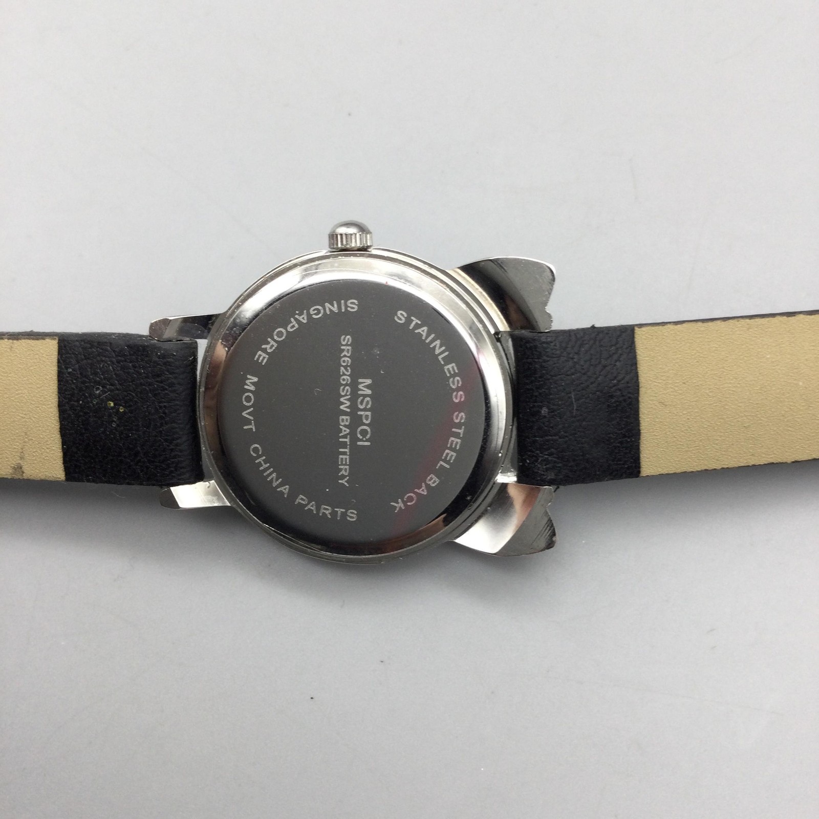 MSPCI Cat Face Watch Womens 26mm Silver Tone Black Strap Rhinestone New Battery