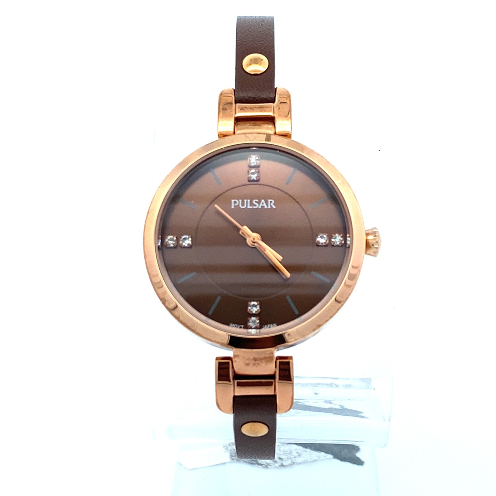 NOS Lady Pulsar Brown Dial Swarovski Crystal Rose Gold Tone Leather Strap Watch