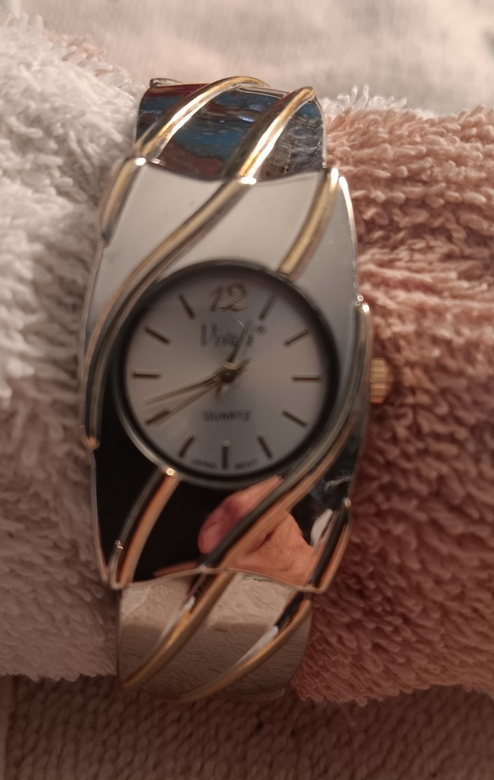 Vivani Women’s Quartz Analog Dress Watch Silver/Gold Bangle White Oval Dial