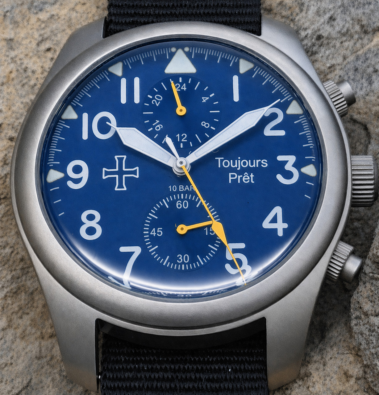 Toujours Pret GMT military field watch. Blasted stainless steel – Blue