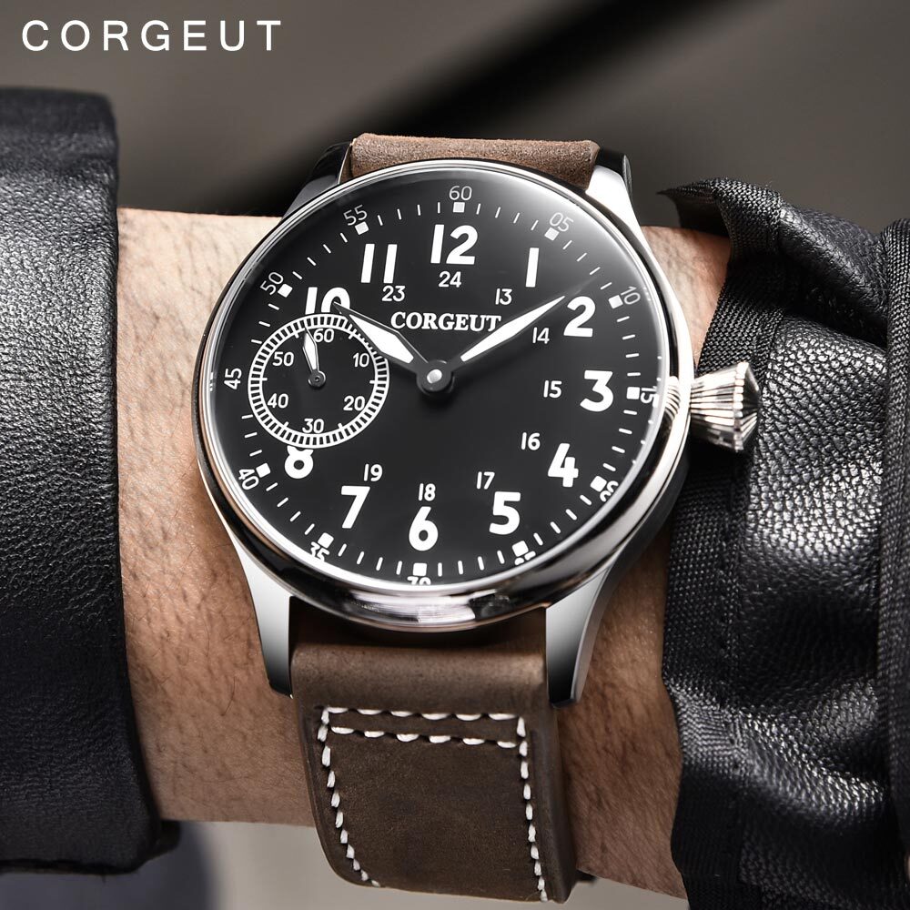 44mm Corgeut Pilot Watch Men’s Mechanical 6497 Hand Winding Movement Black Dial