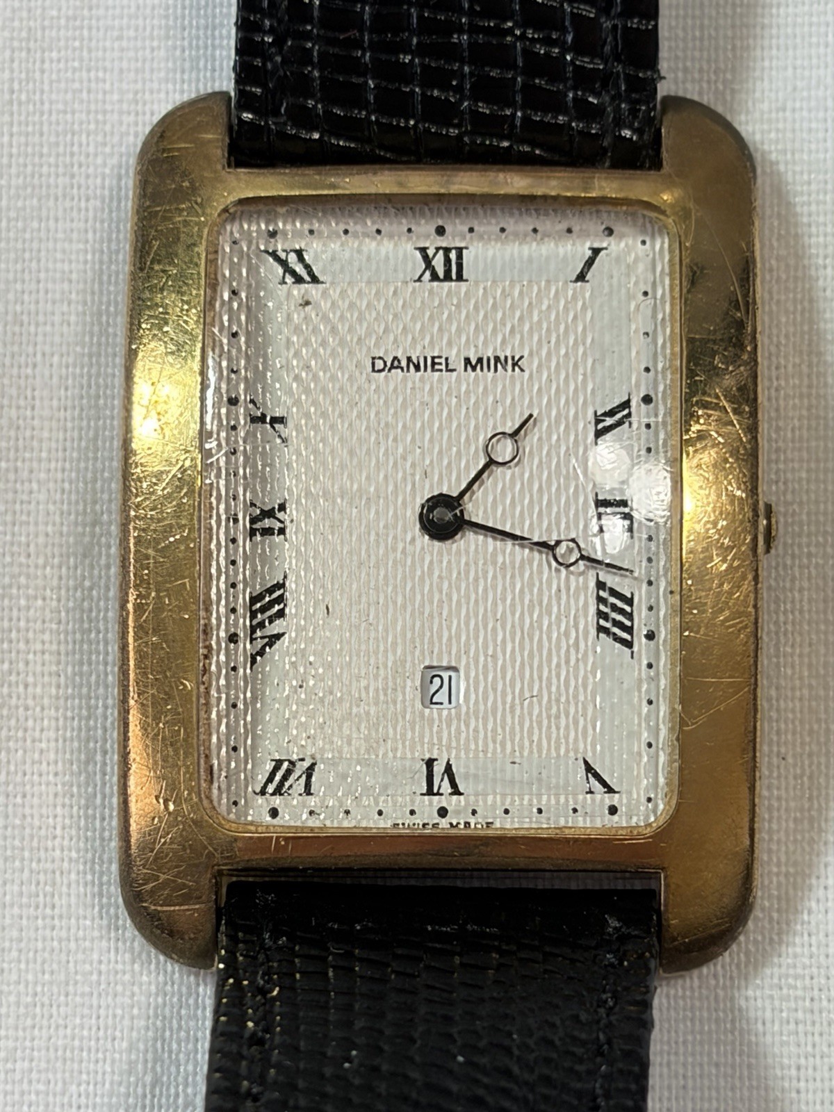 Vintage Daniel Mink Boutique 2310 Tank Watch Date Gold Plated Textured Dial