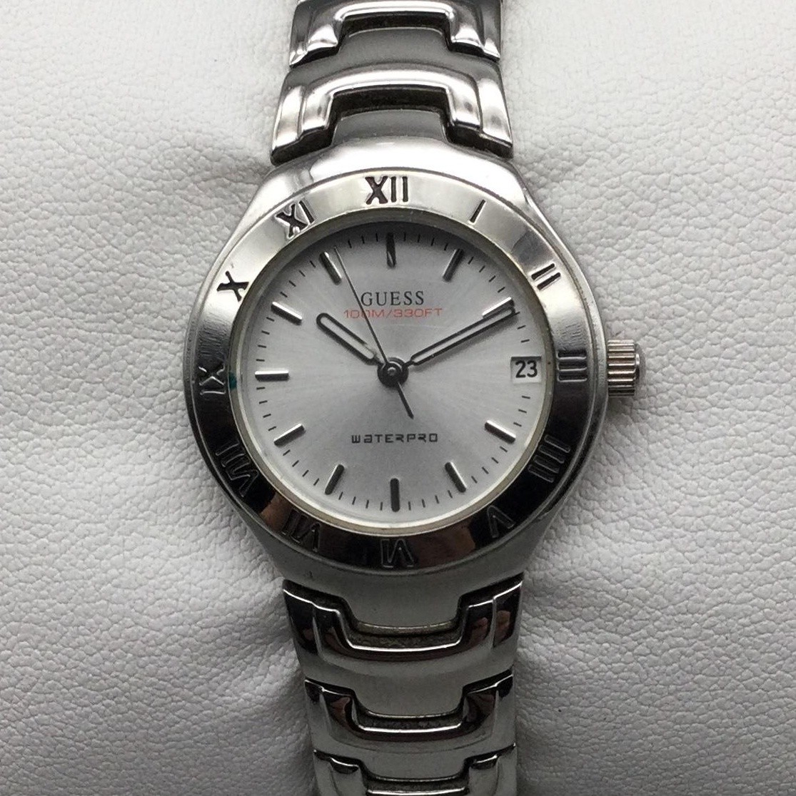 Guess Waterpro Womens Watch 24mm Silver Tone Steel Bracelet Date New Battery 6″