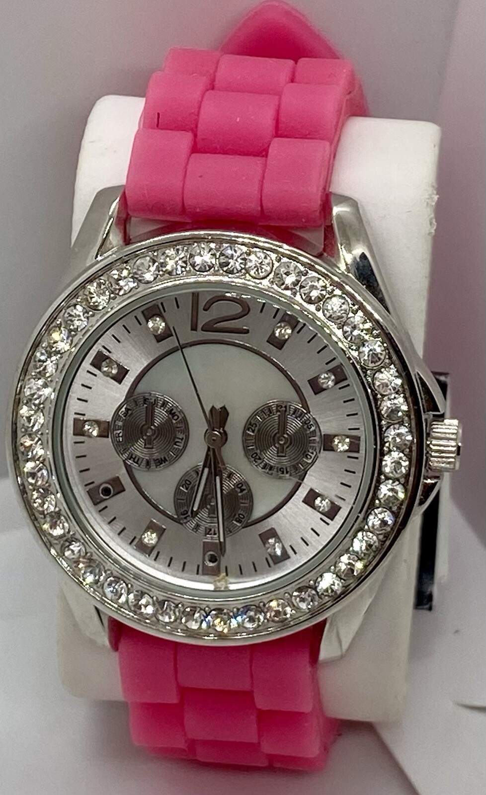 NEW ACCUTIME Ladies Watch Fresh Battery Iced Silver Dial Faux Chrono Pink Band