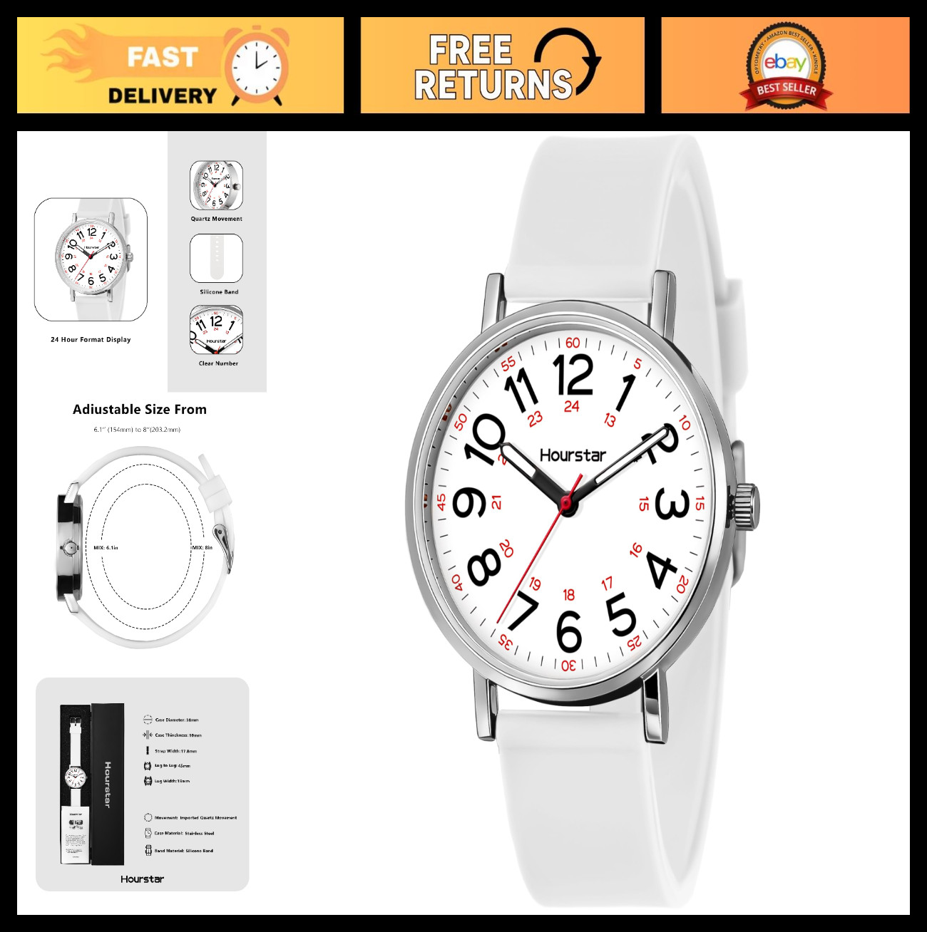 Women’s Analog Nurse Watch, Second Hand, 12/24 Time, Silicone Band, Easy Read, M
