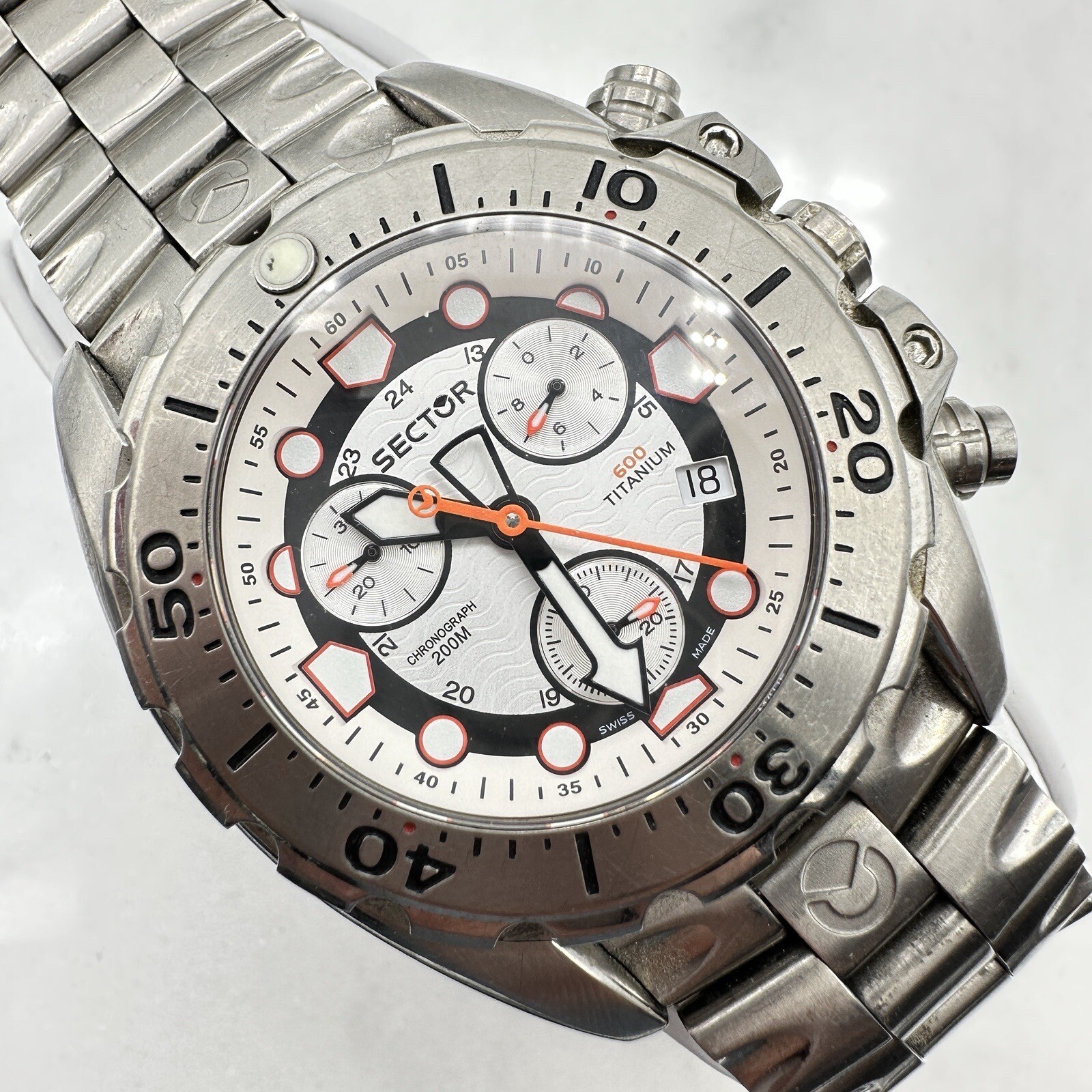 Sector Diver 600 G. Chronograph 200M Titanium 44mm, Wrist Sz. 6.5” Working, READ