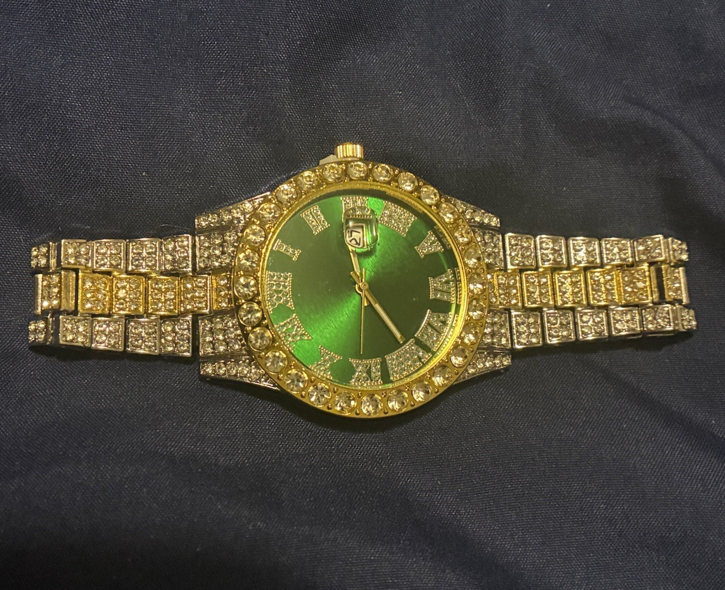 Iced Out CZ Green Dial Roman Numeral Quartz Wristwatch