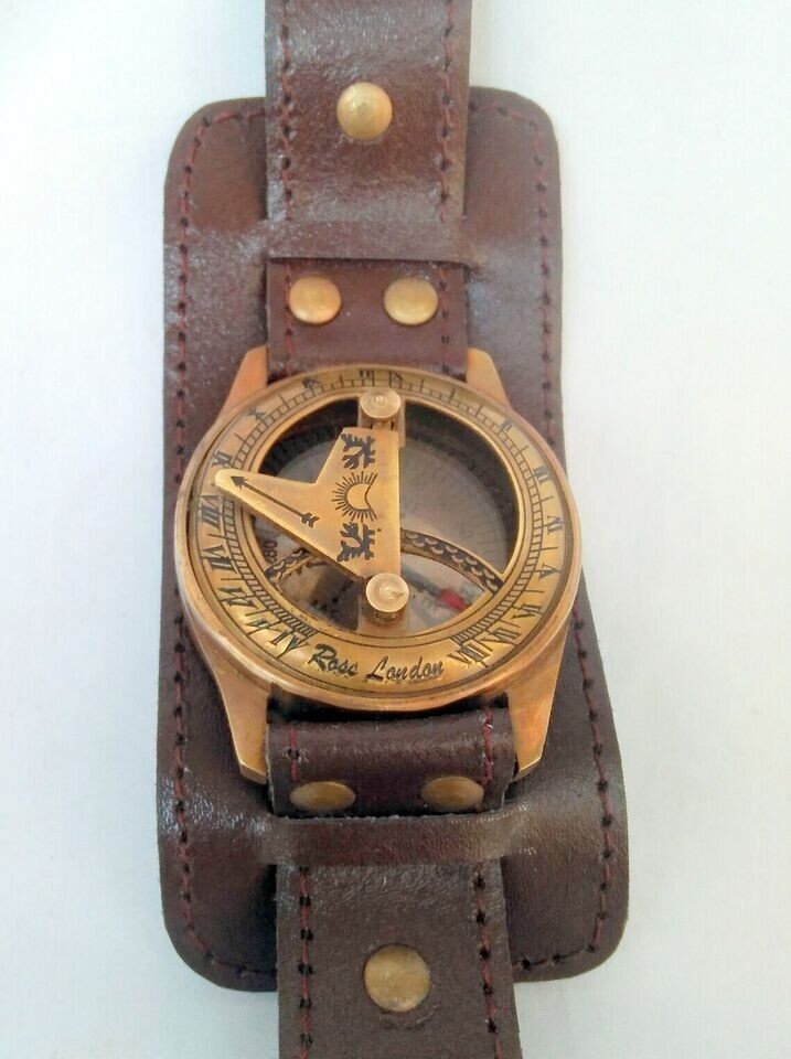 Sundial Wrist Watch Brass Compass & Leather Straps Nautical Steampunk Handmade