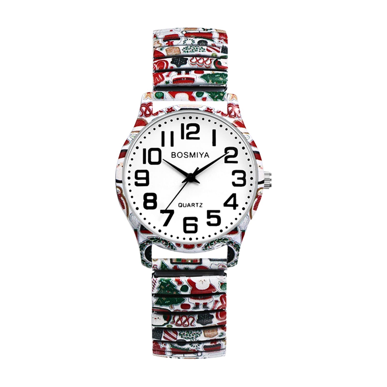 Unisex Christmas Tree Santa Claus Print Elastic Stainless Steel Band Wrist Watch