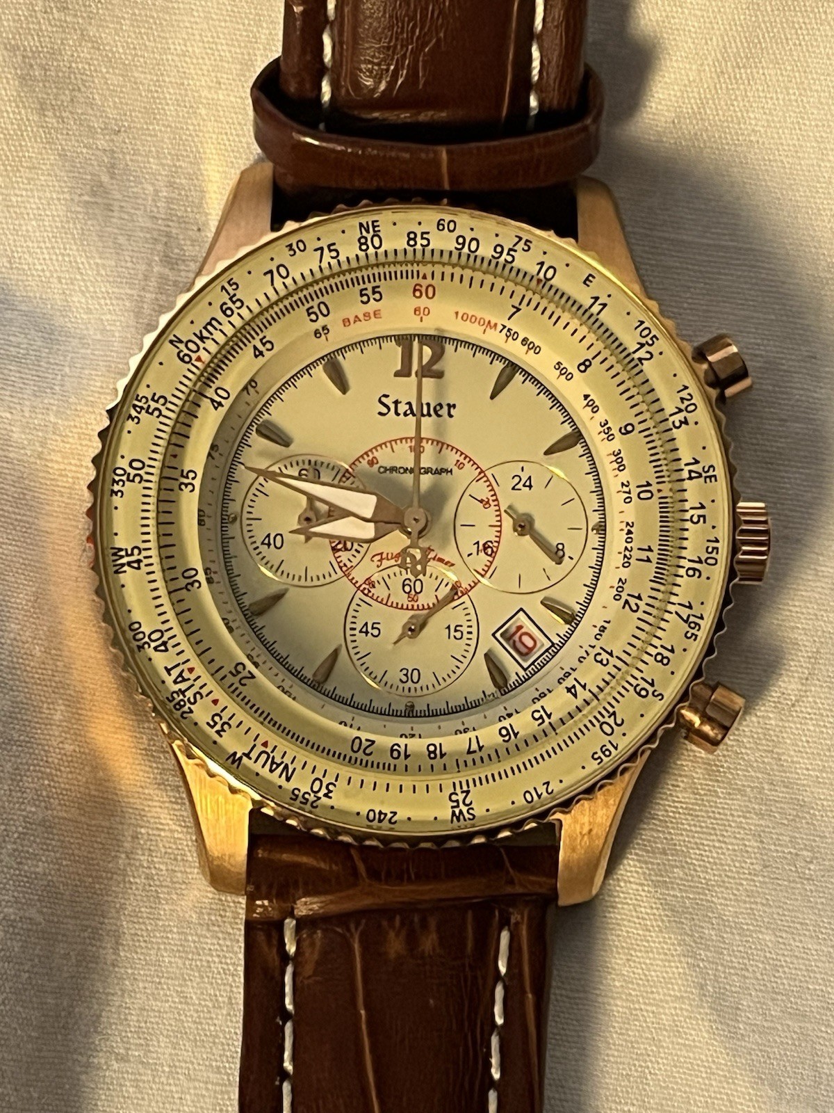 Stauer 1930 Dashtronic Quartz Chronograph Date Gold Case Brown Leather 42mm