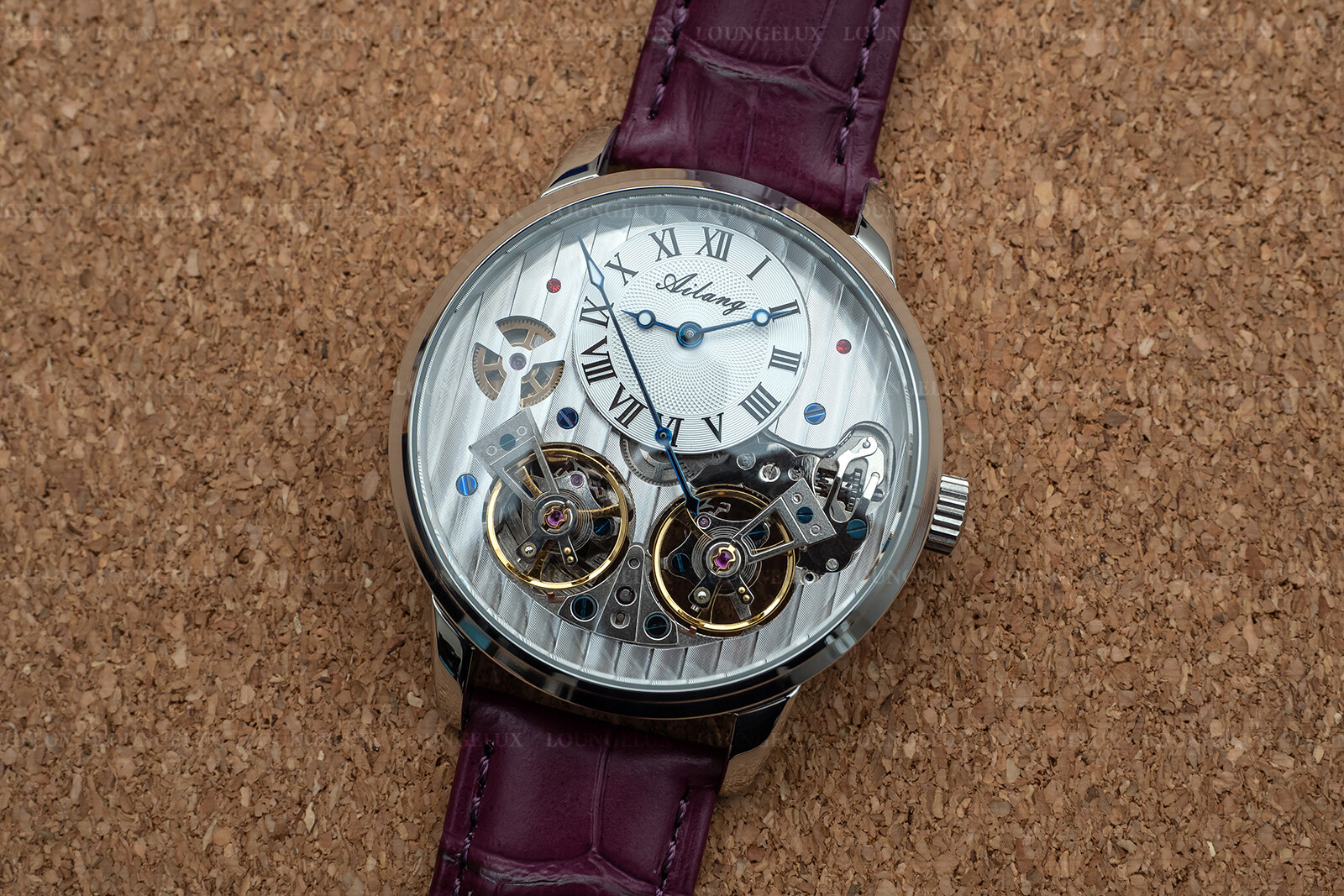 Mens Double Flywheel Skeleton Automatic Mechanical Leather Watch Silver Purple
