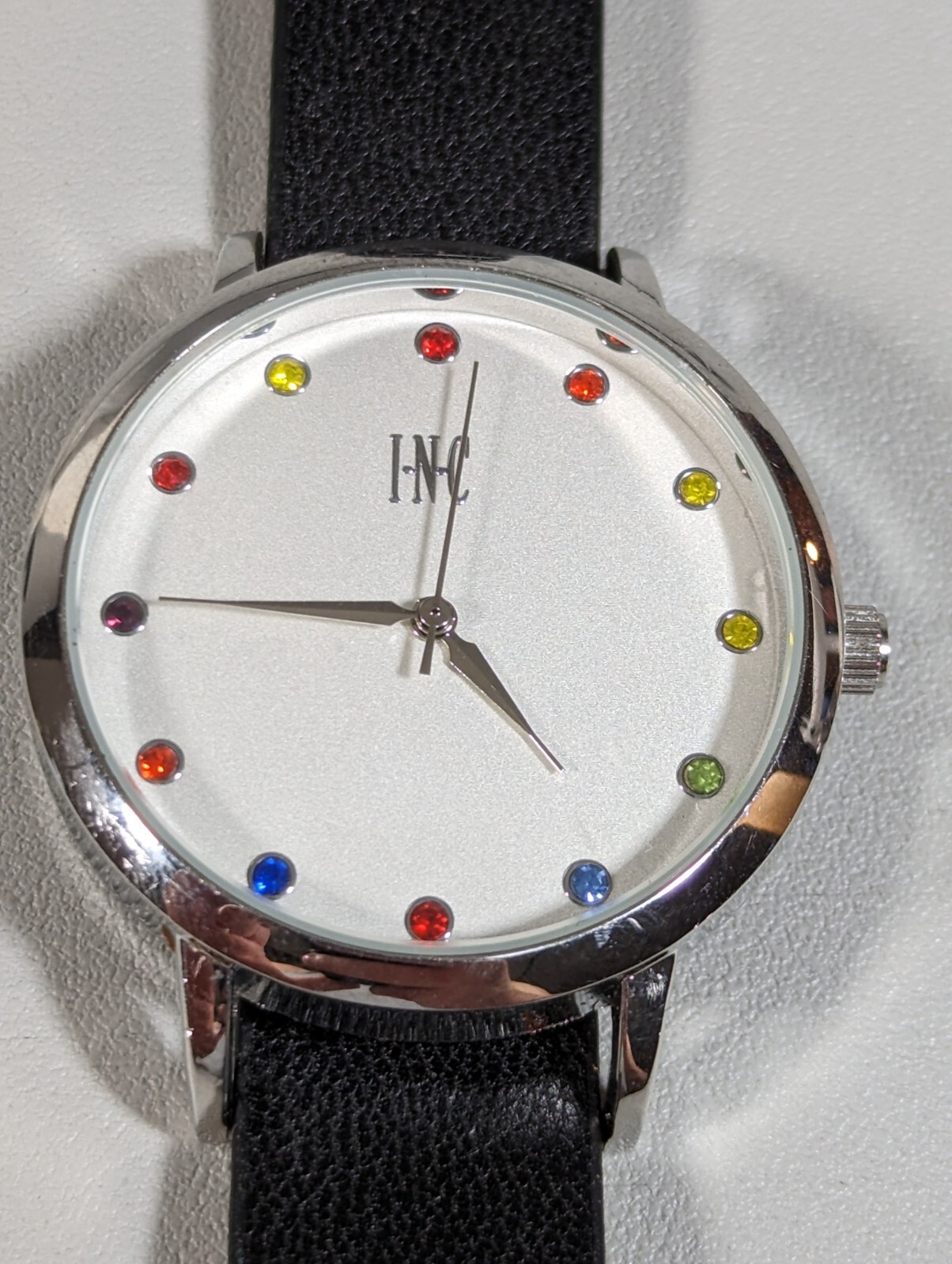 INC International Concepts Silver Tone Dial Colorful Indices Round Case Watch