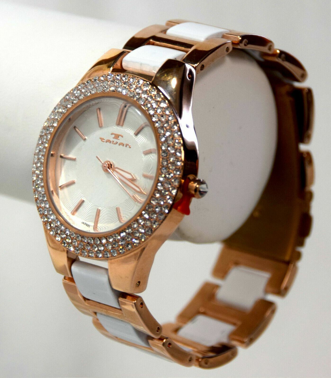 NEW Tavan 1432 Womens Alvilda Crystal Bezel Guilloche Dial White/Rose Gold Watch