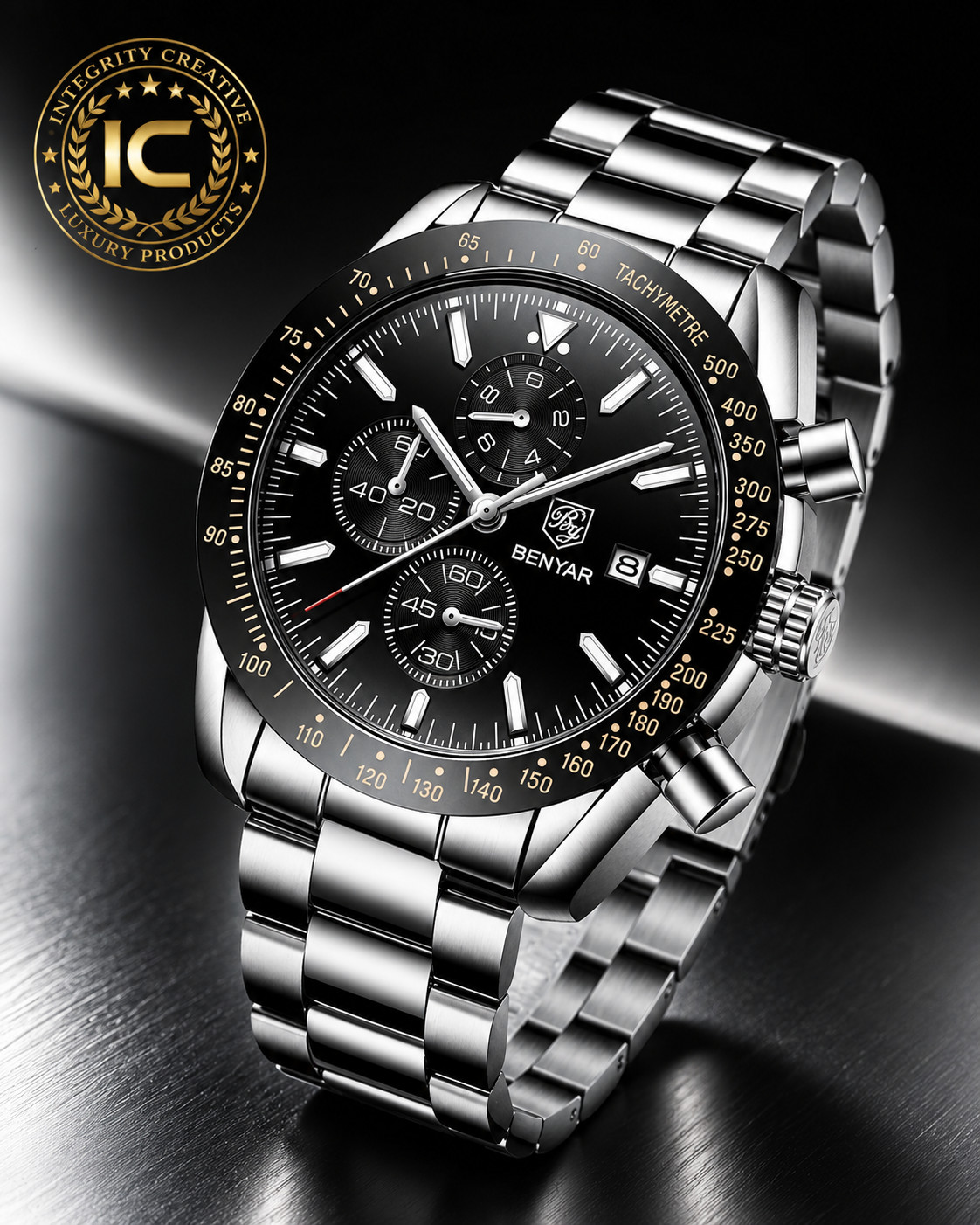 Men’s Quartz Movement Stainless Steel Silver Bracelet Black Dial 45MM Wristwatch