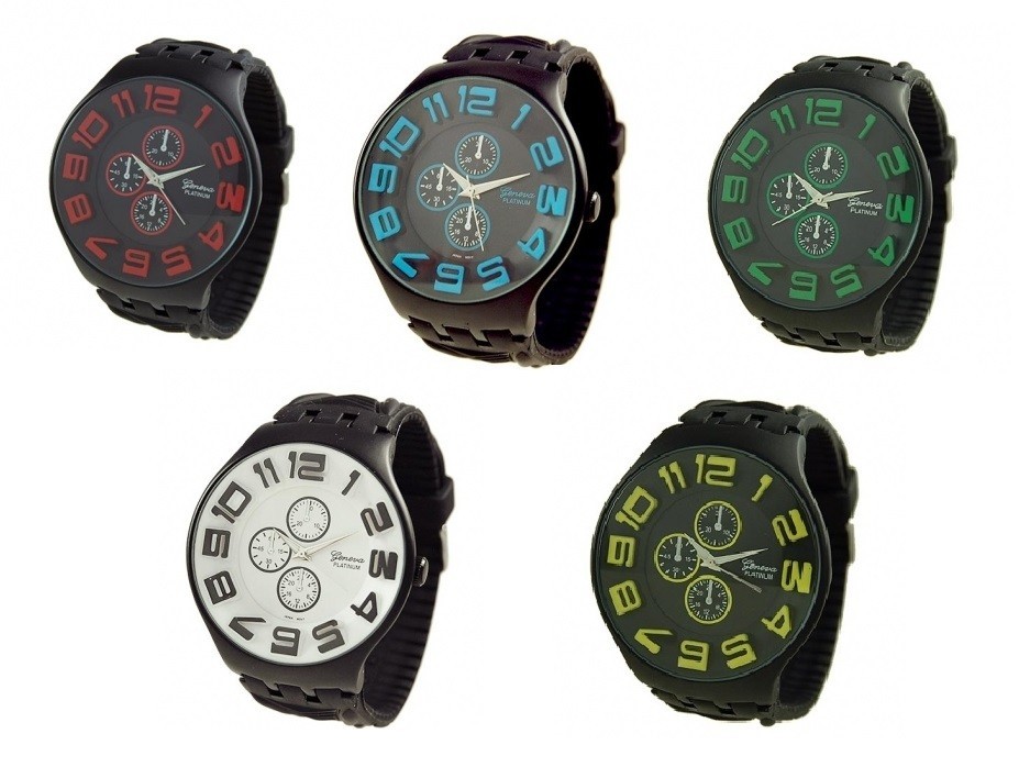 GENEVA PLATINUM BLACK SILICONE,WHITE,BLUE,RED,GREEN,YELLOW 3D DIAL MEN’S WATCH