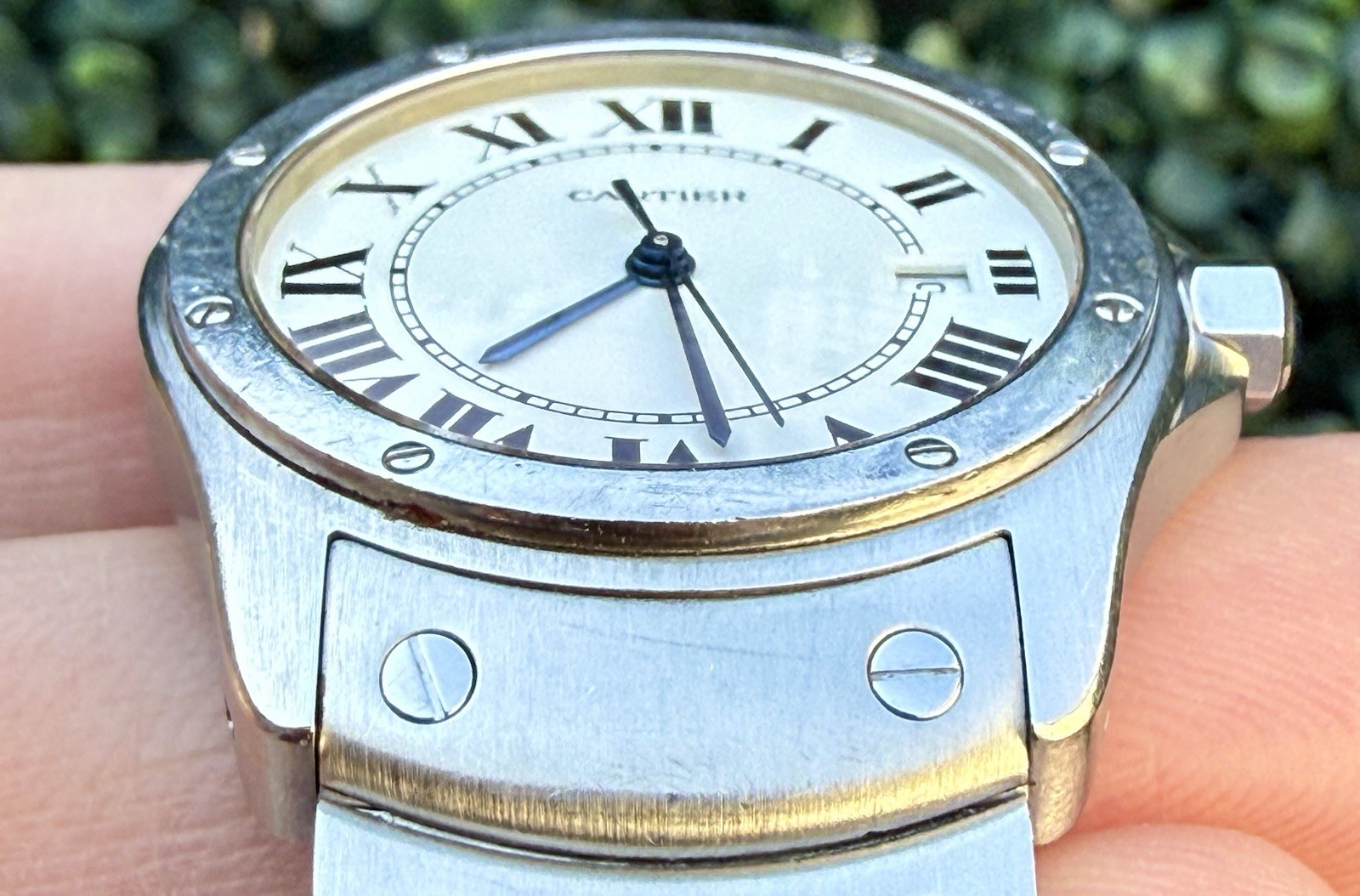 Vintage Cartier Santos Ronde Date 1561 White Roman Dial 30mm Steel Watch Only