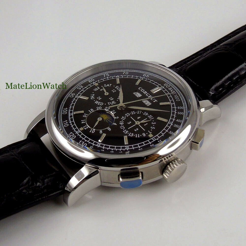42mm Sterile Automatic Mens Watch Date Month Year Week Leather Strap White/Black