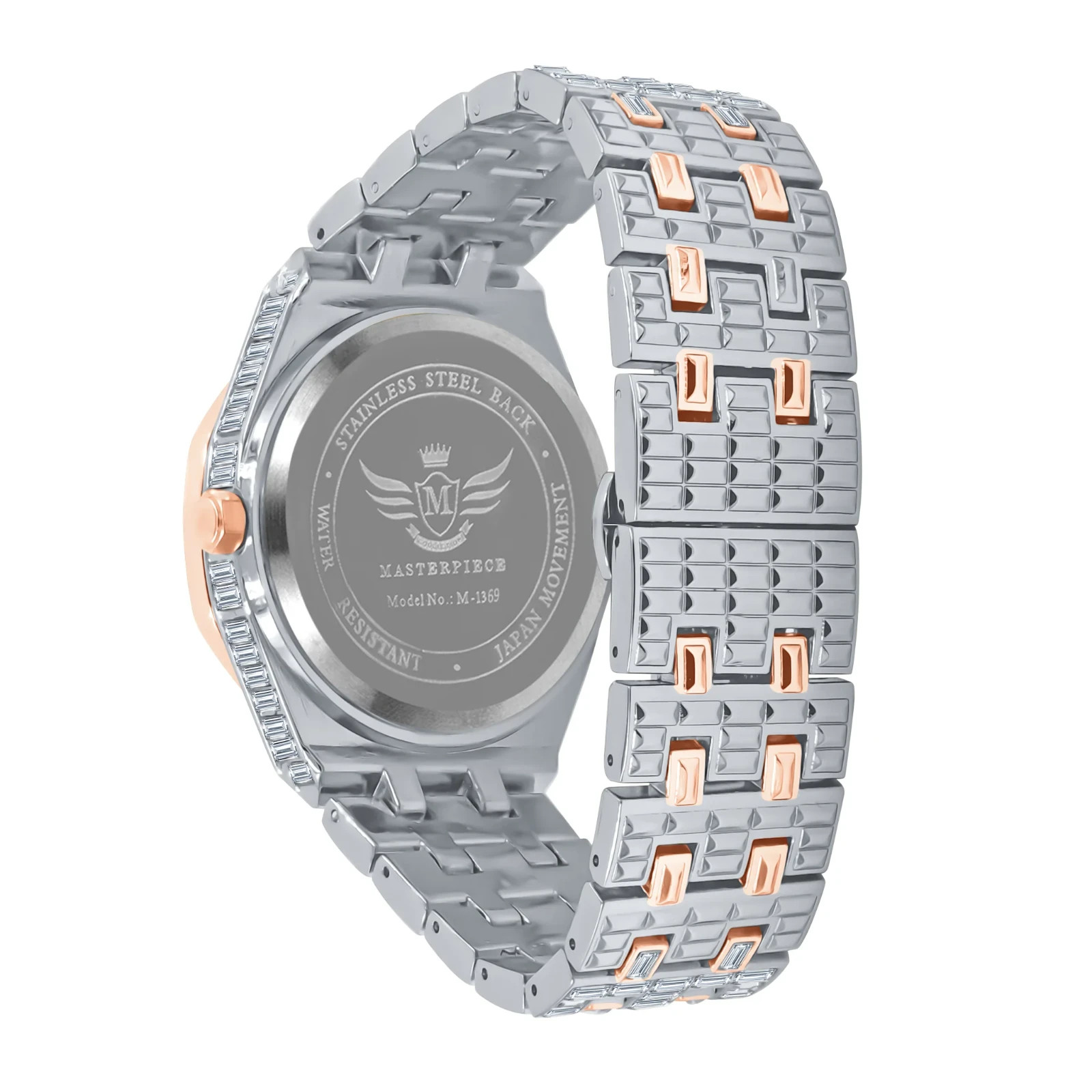 Men’s Baguette Iced Out 18K Watch Rose Gold Silver CZ Date Quartz 40mm