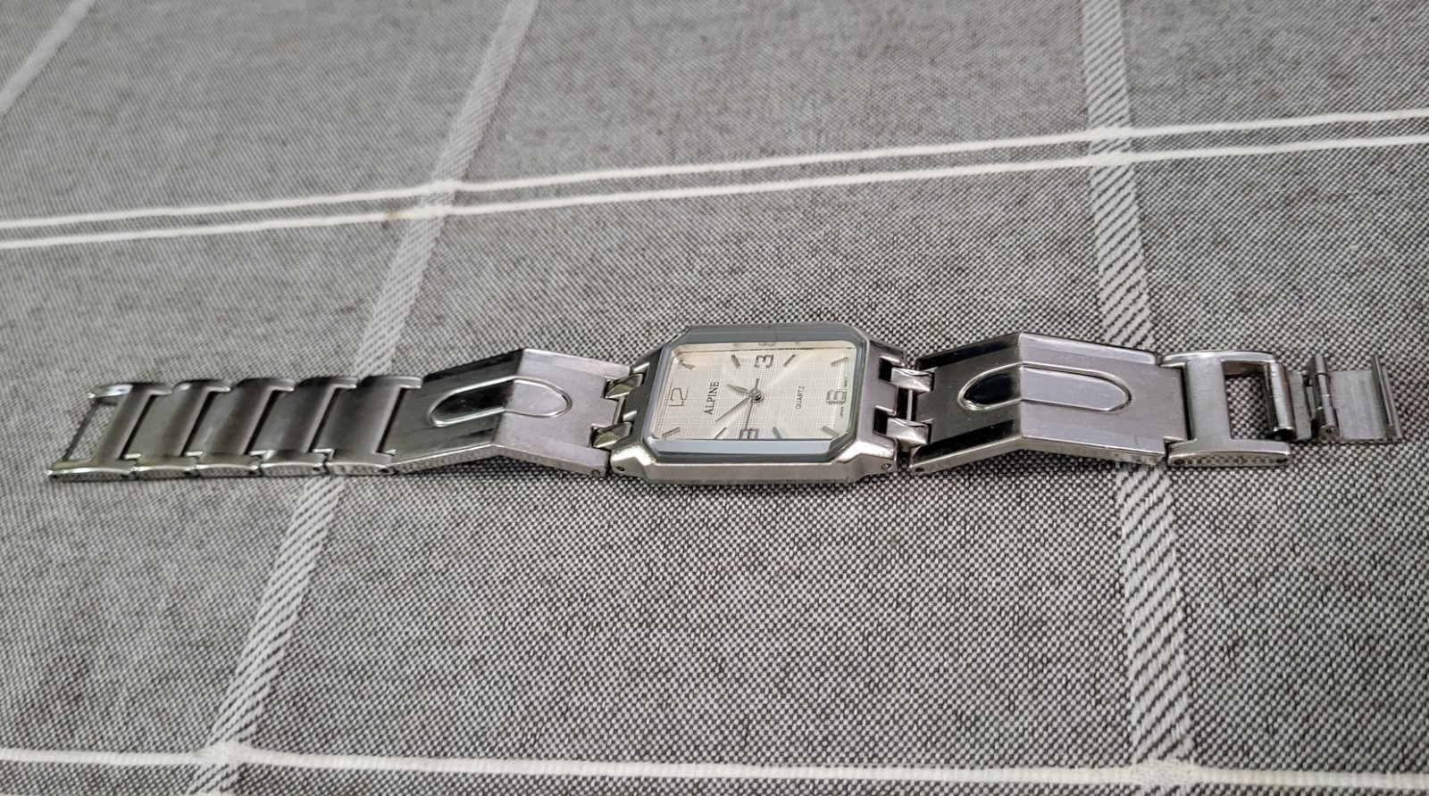 Alpine Quartz Rectangular Dress Watch Silver Tone Stainless Japan Needs Battery