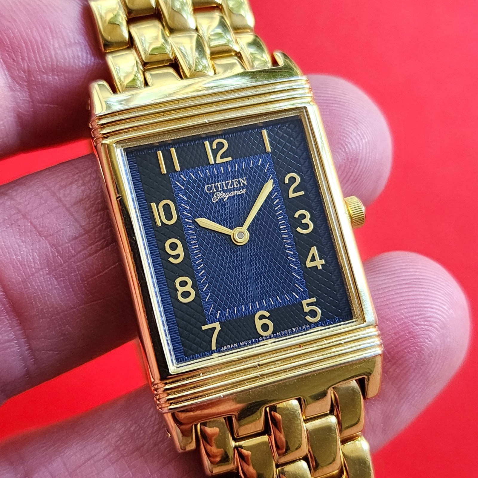 Citizen Tank Watch Dark Blue Dial Brick Bracelet Mens 4623-S44796 Gold Tone