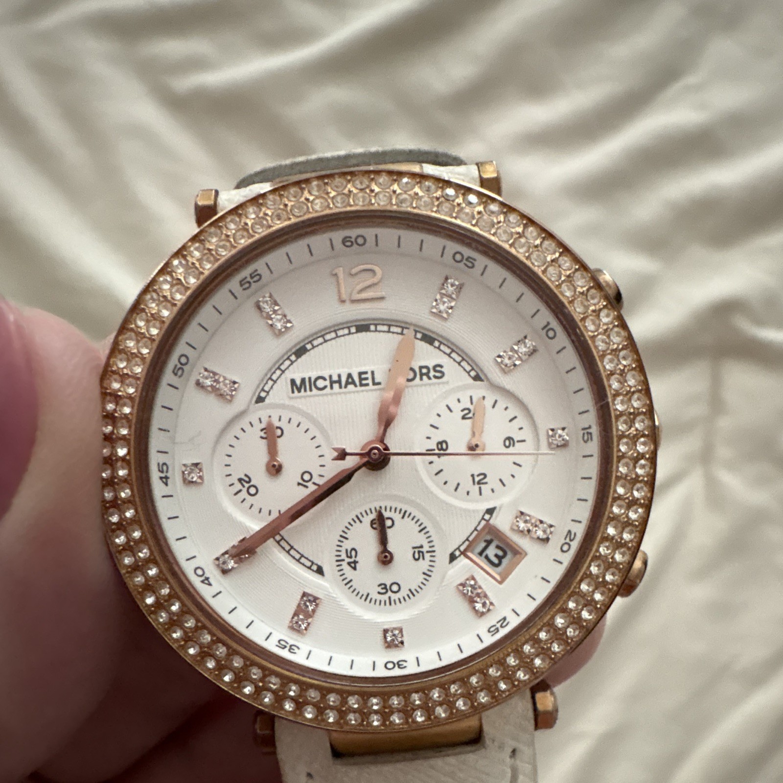 Michael Kors Women’s Chronograph Quartz Date Watch White Dial Leather Strap