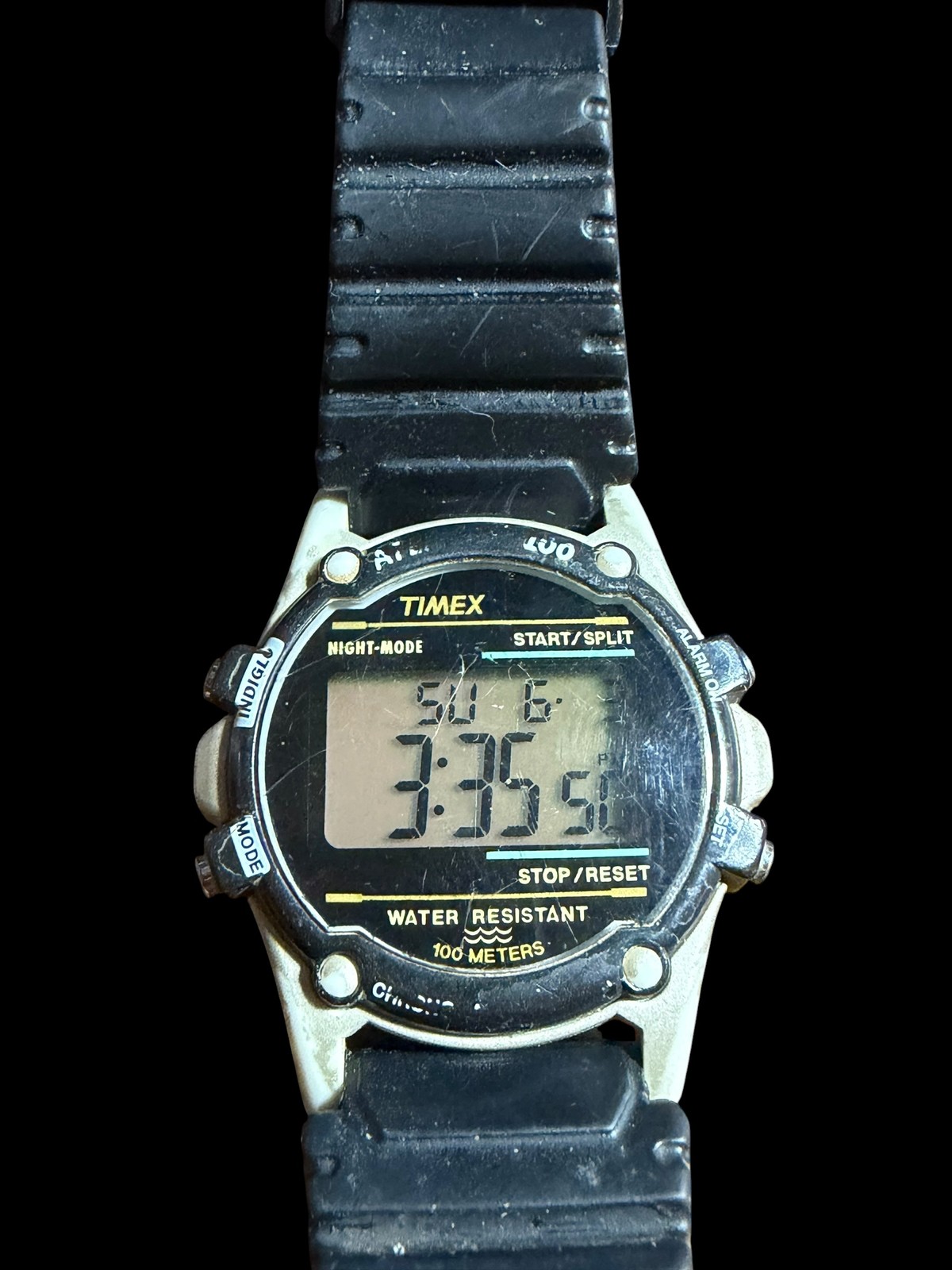 Vintage Timex Indiglo Digital Watch Water Resistant 100M Black Resin Strap
