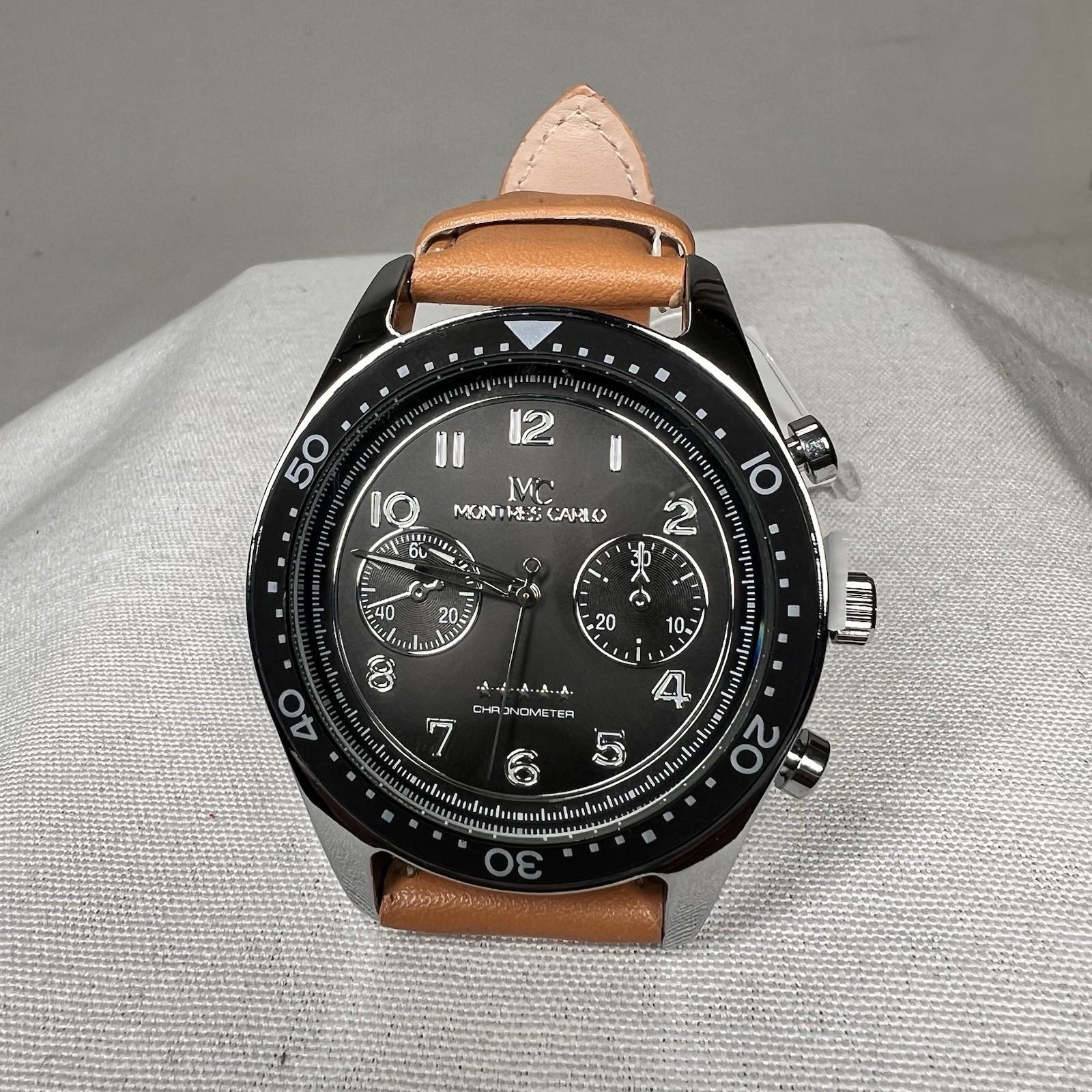 Montres Carlo Men’s Chronograph Black Dial Chrome Case Faux Leather Band 46mm