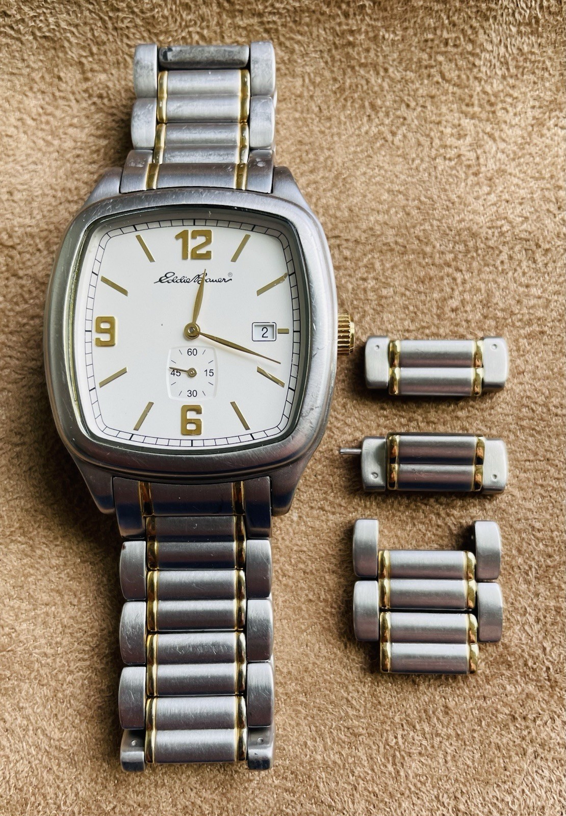 Vintage Eddie Bauer Rectangular Gold Trim Watch + 3 Links, Booklet. Circa 1990’s