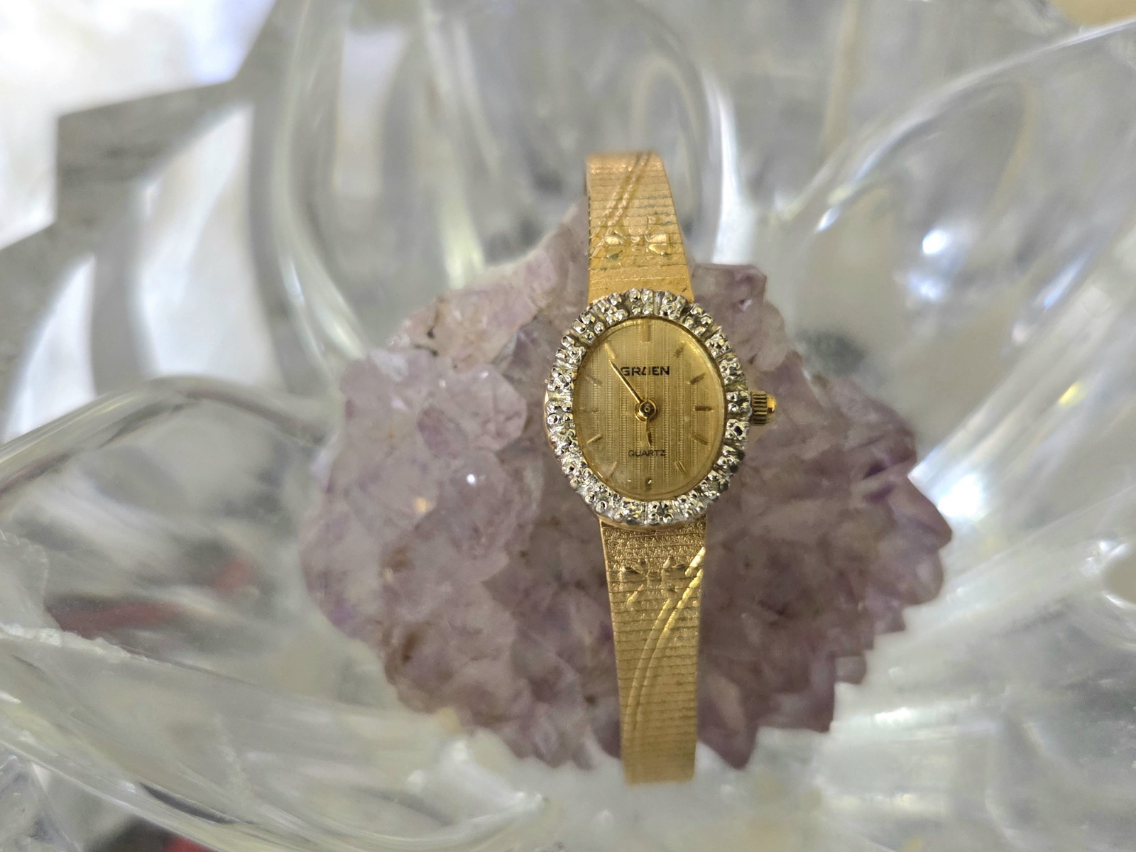 GRUEN Diamond Bezel Three-Hand Quartz Analog 6.5 In Wrist Women’s Watch