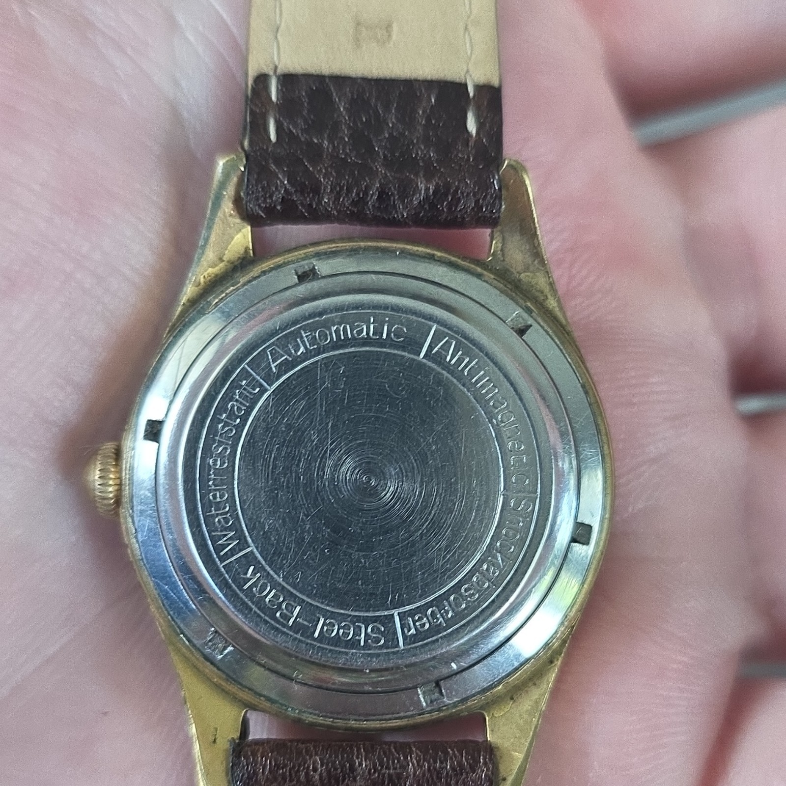 Buren Rotowind Automatic 30J Swiss Gold Plated Silver Dial Brown Leather 35mm