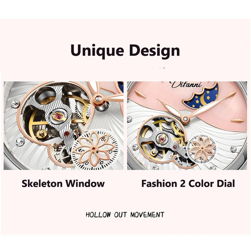 Women’s Automatic Flower Rotating Moonphase Watch Luxury Waterproof Luminous