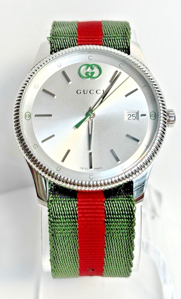 Gucci G-Timeless Silver Dial Green and Red Nylon Strap Watch 38mm YA1264236