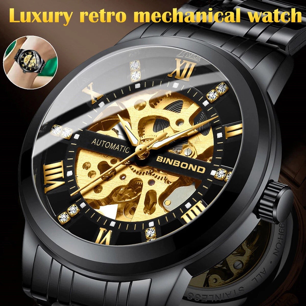 Luxury Men’s Stainless Steel Gold Tone Skeleton Automatic Mechanical Wrist Watch